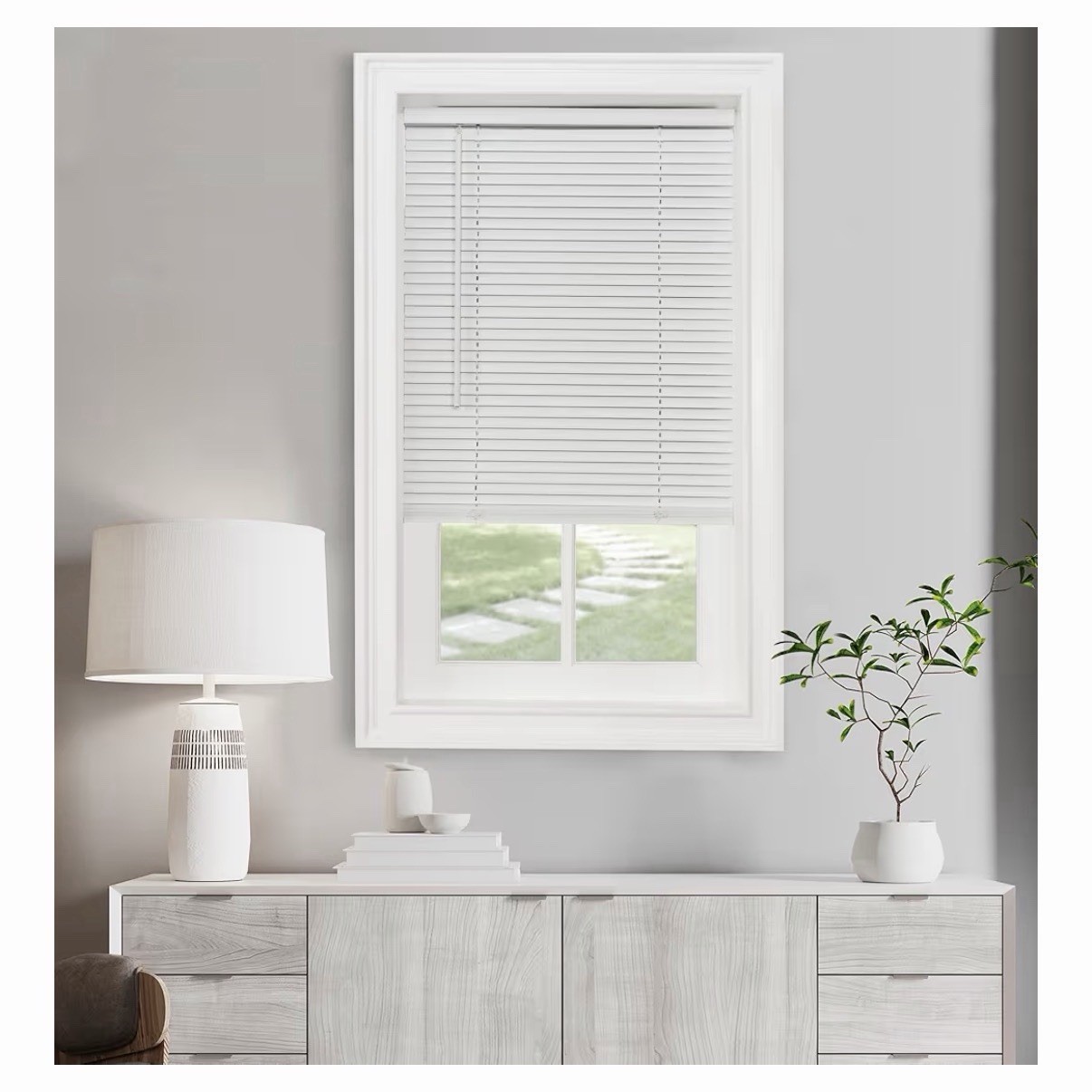 White Vinyl Mini Blinds Window Frame Mounted Light Filtering Tilt Wand Modern