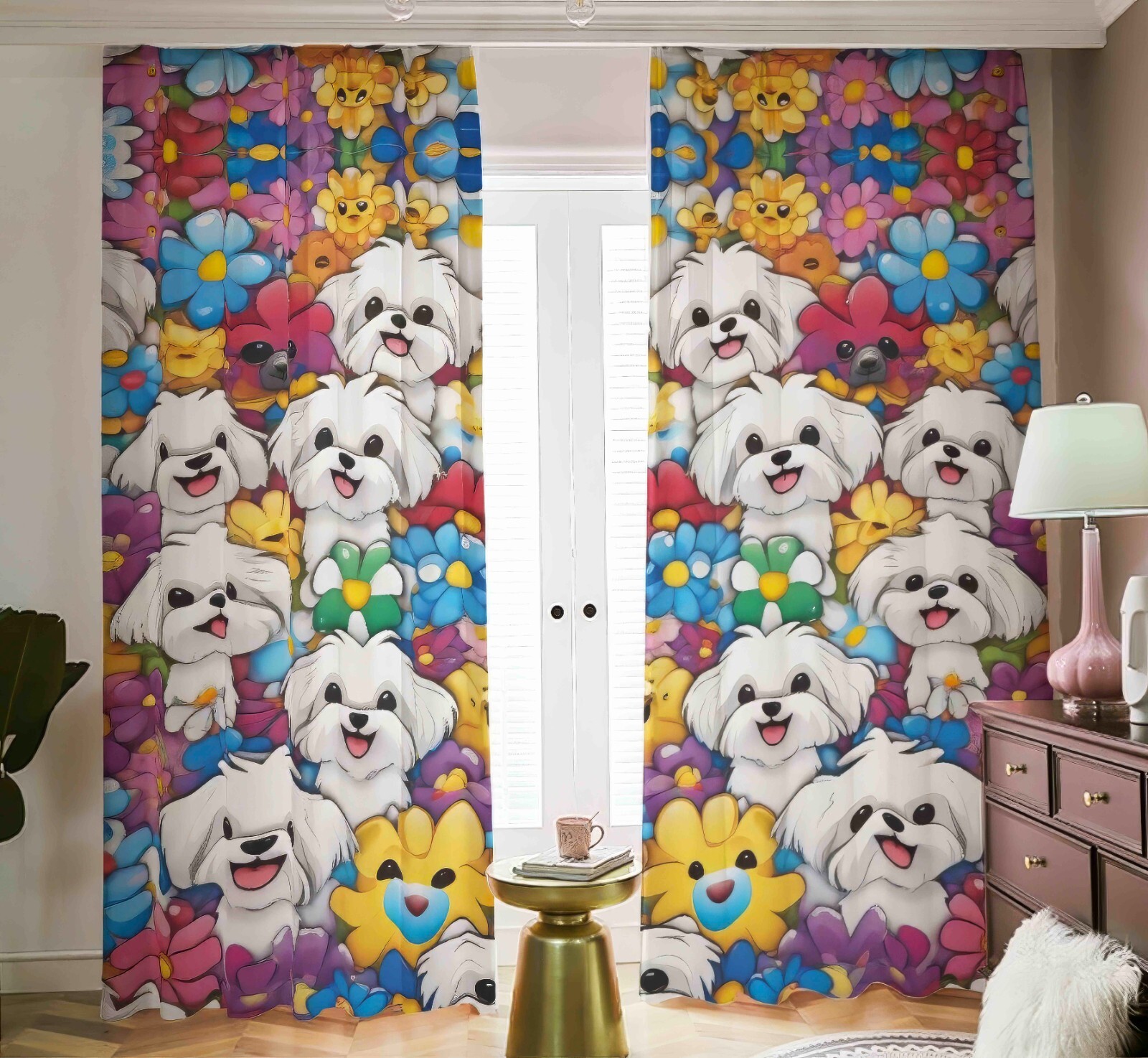 Maltese Emoji Dog Blackout Curtains Shades Drapes 2 Panels Black Out Girls Room