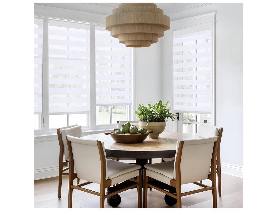 Cordless Window Roller Shades Free-Stop Dual Layer Zebra Blinds-White- 29”W 64”H