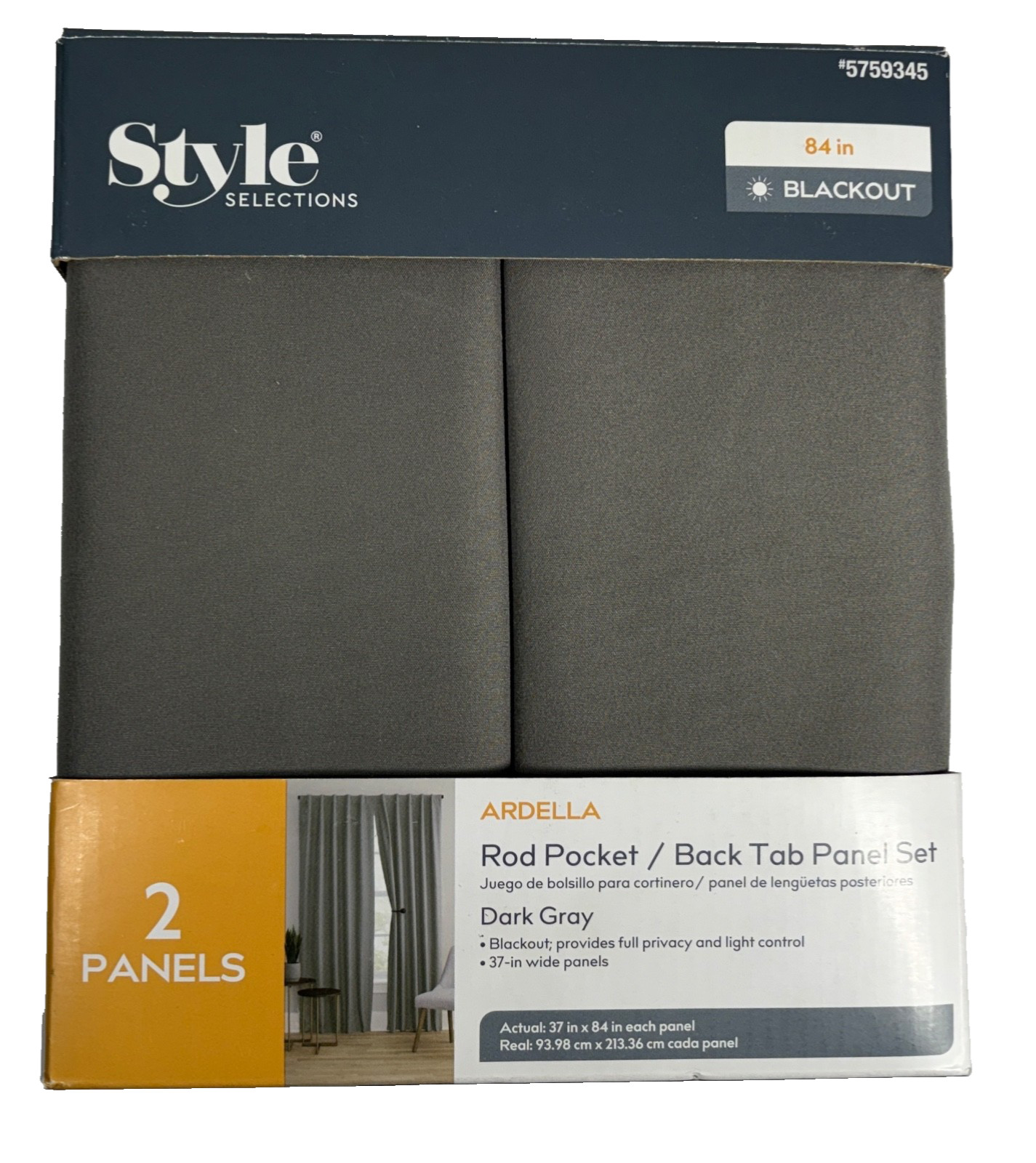 Ardella Rod Pocket Back TopPanel Set Dark Gray Blackout Curtins 84 in.
