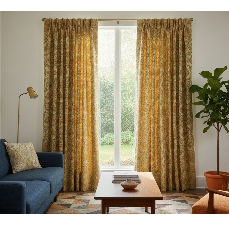 Vintage MCM Gold Damask Pinch Pleat Curtains 2 Panels 81×80 Mid Century Modern