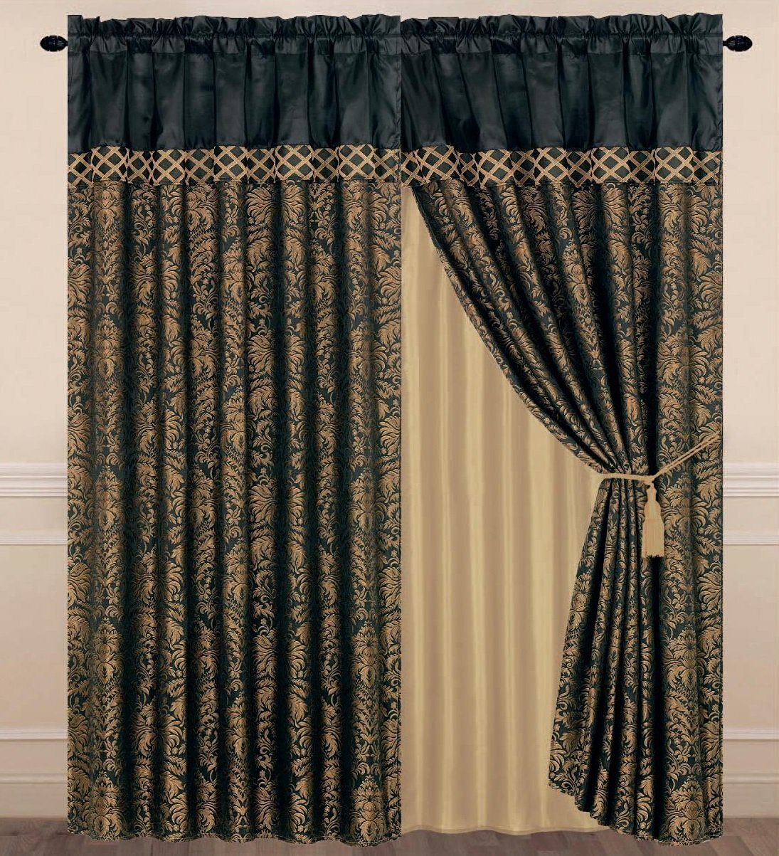 Chezmoi Collection Lisbon 4-piece Black/Gold Jacquard Floral Window Curtain Set
