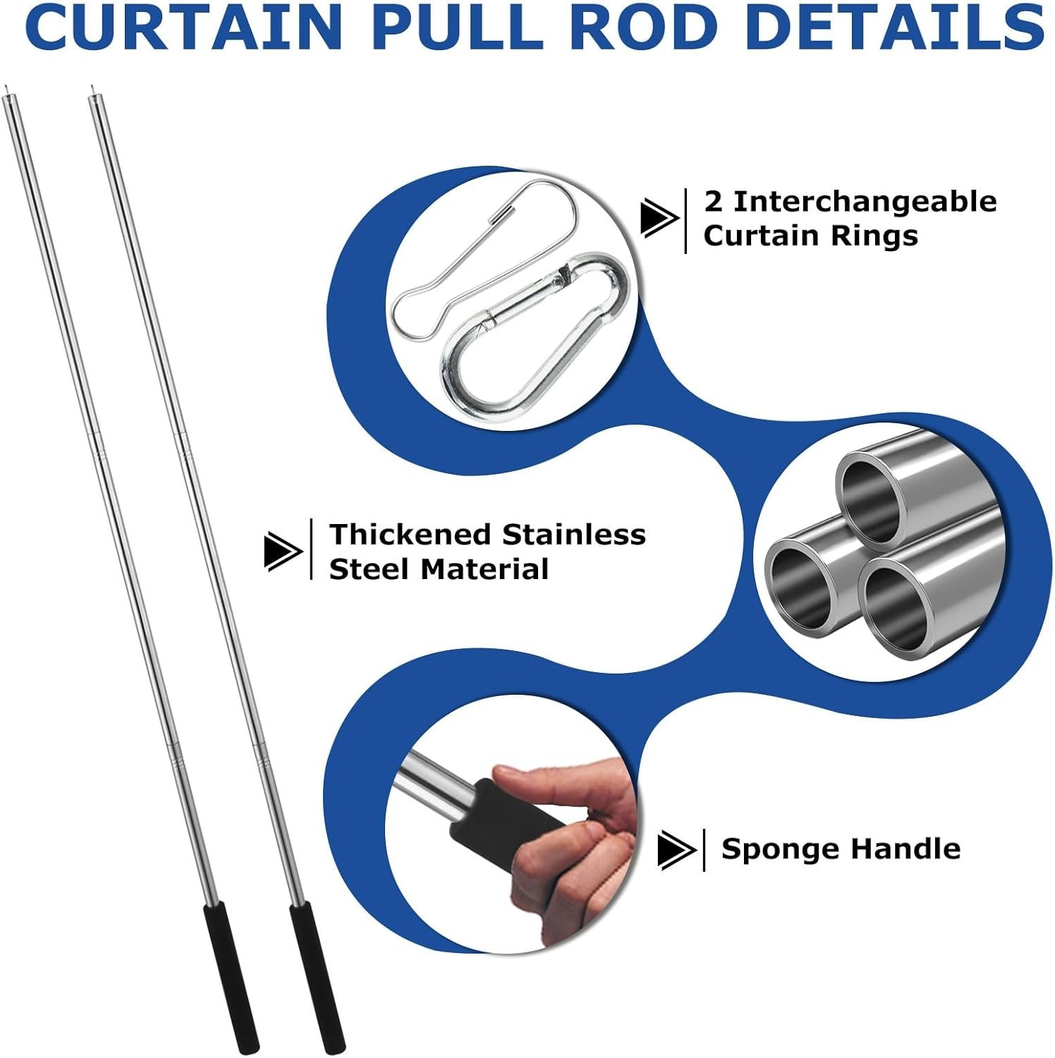Curtain Pull Wand Drapery Rod 2 Pack Adjustable Stainless Steel Silver