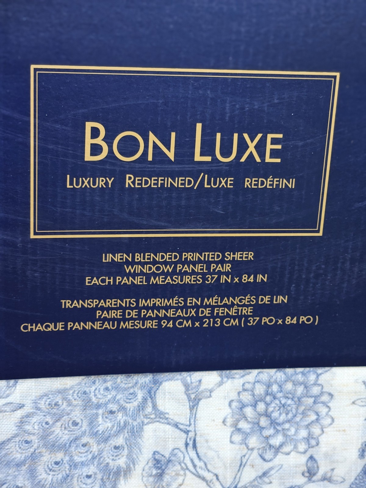 NEW Bon Luxe 2 Piece Peacock Toile Sheer Curtains 37×84 Blue Linen Blend Panels