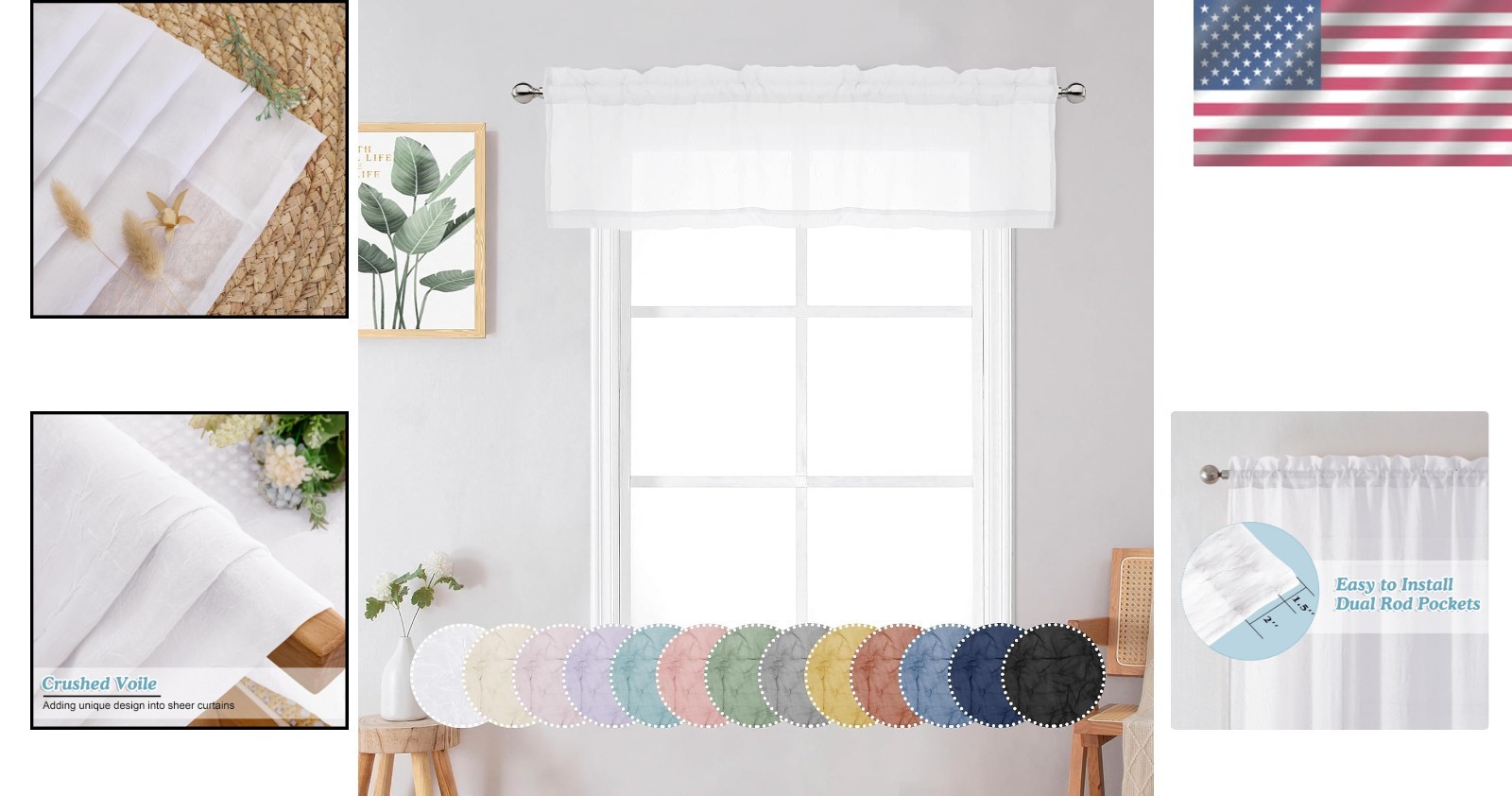 Versatile White Sheer Valances – Perfect for Kitchen, Living Room (Set of 2)
