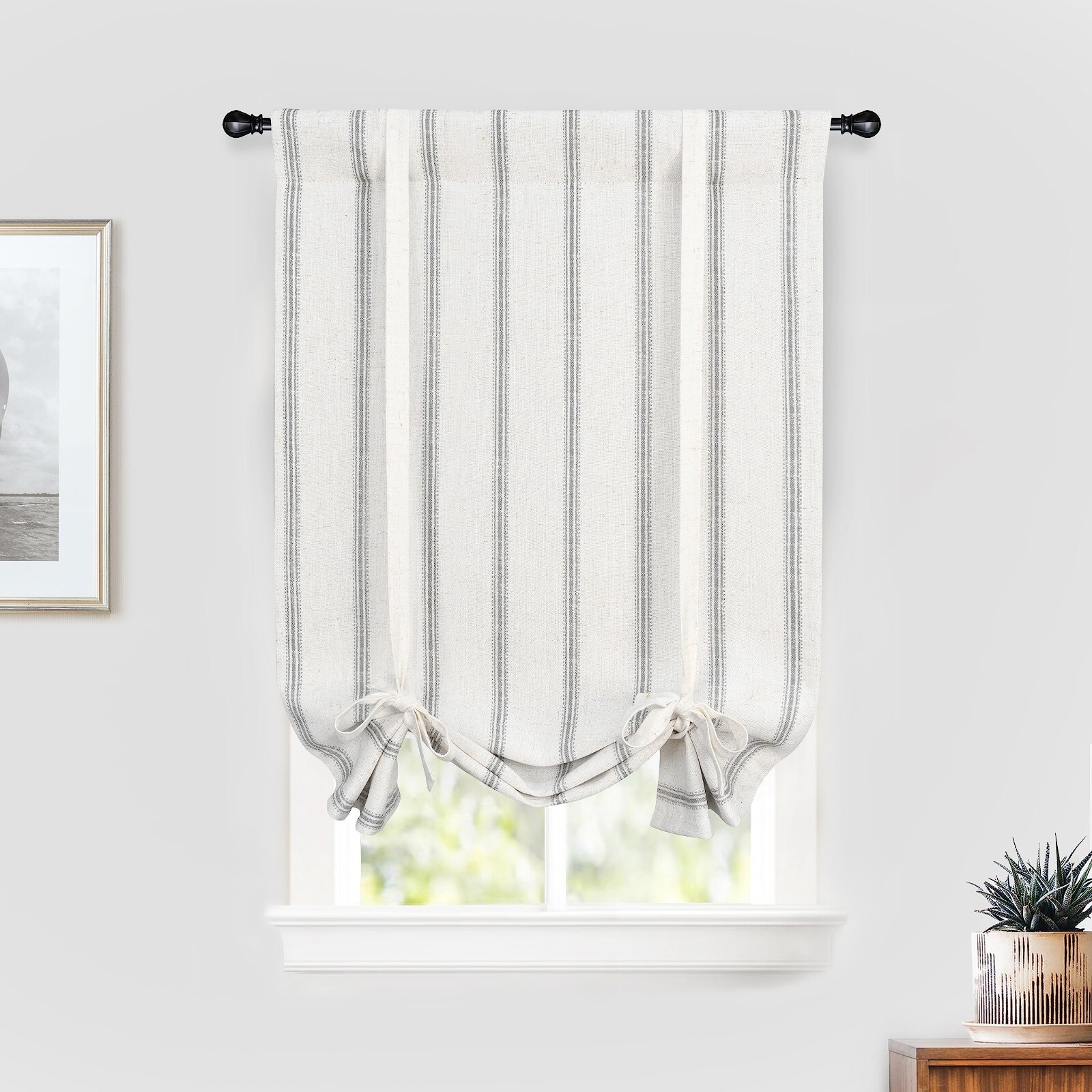Farmhouse Linen Blackout Tie Up Shade Curtain Adjustable Vertical Striped Darpes