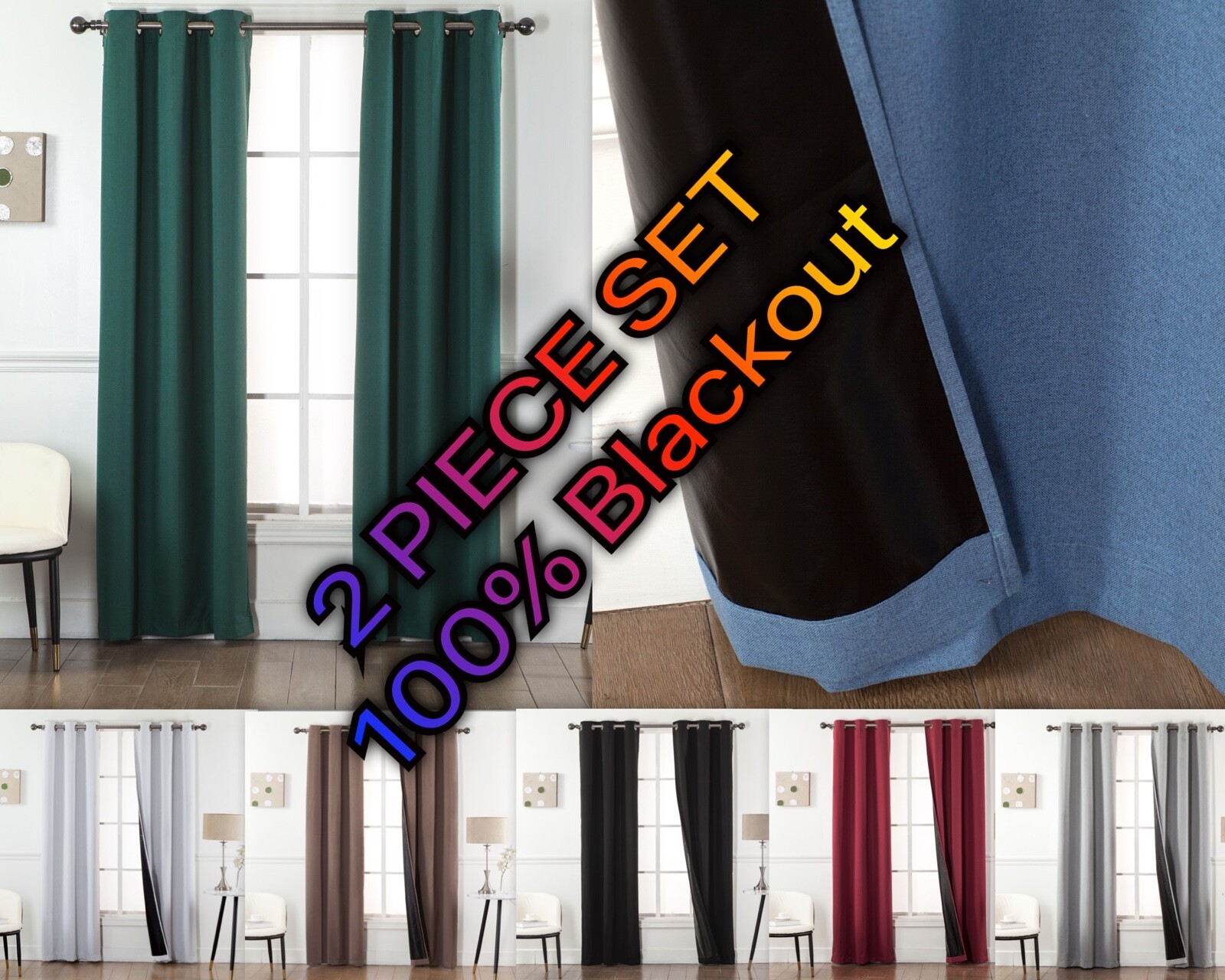 2-Piece Set – 100% Blackout Window Curtains – Black Back & Grommets – 4 SIZES!!!