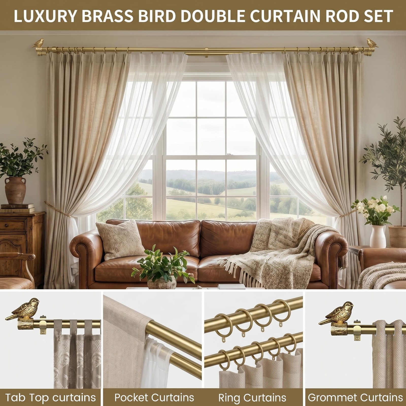 Double Curtain Rod with Bird Finial, For Window 24-68 In, Gold Drapery Rod