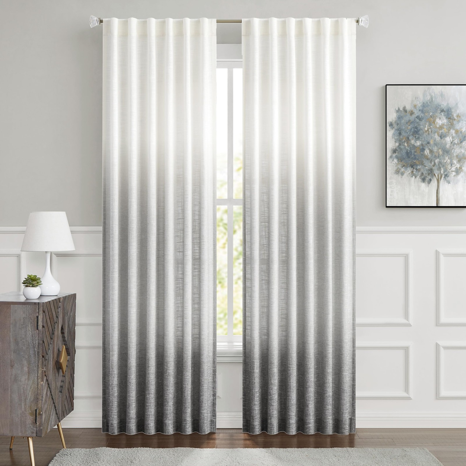Ombre Window Curtain Panel Linen Gradient Print on Rayon Blend Fabric Backtab…