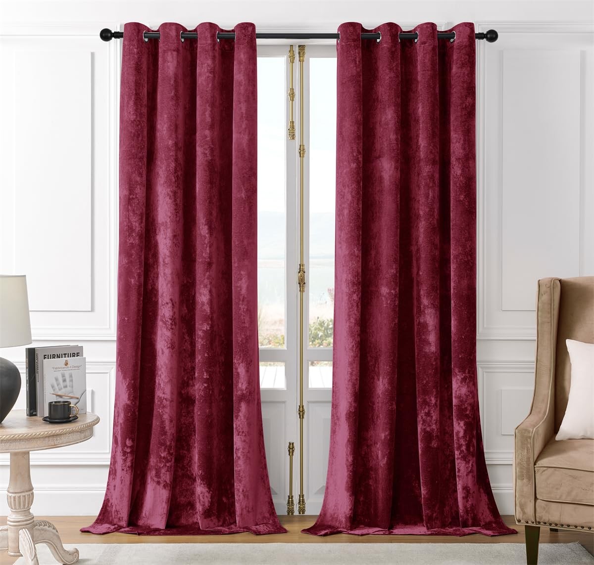 Burgundy Red Crushed Velvet Grommet Curtains 52×96 inch Luxurious Thermal Ins…