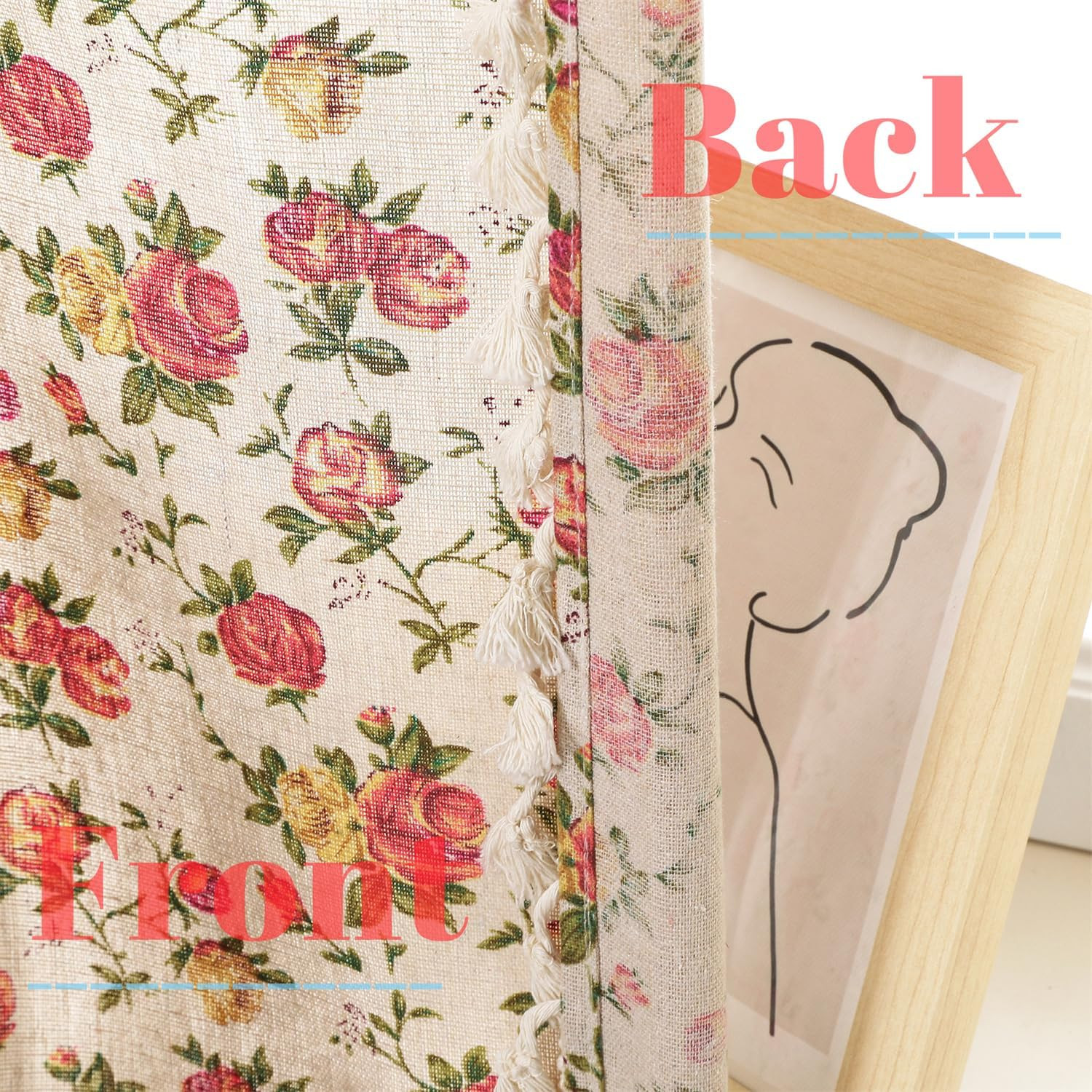 2 Panels Linen Tassels Curtains Farmhouse Red Rose Flower Vintage Semi Sheer Win