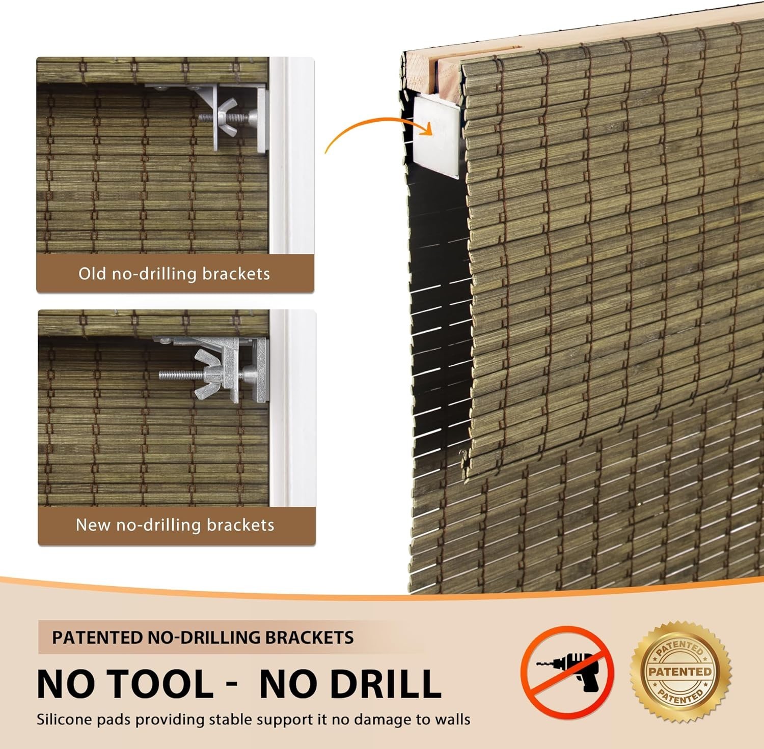 LazBlinds No Tool Cordless Bamboo Roman Shades 34″ W x 64″ H