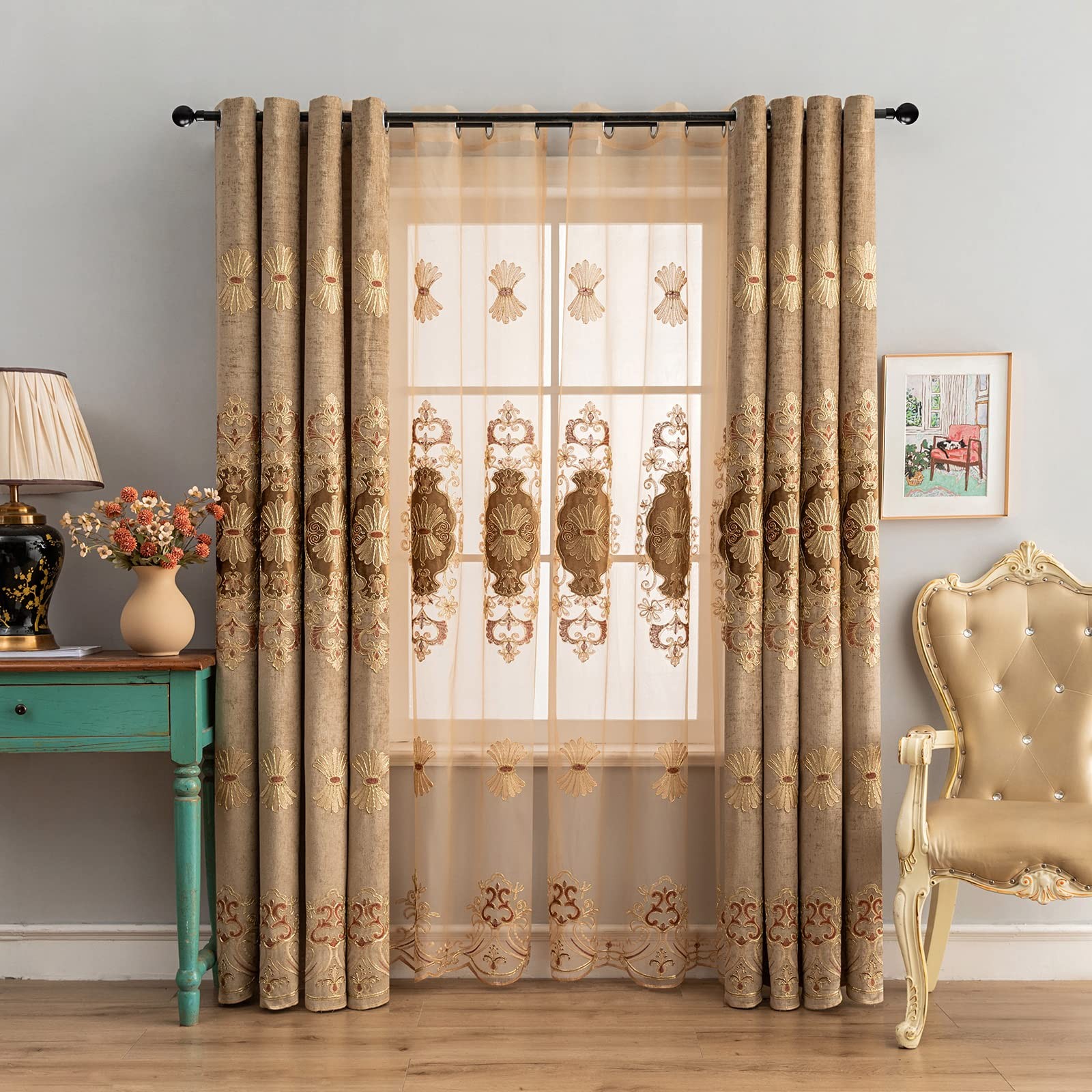 Elkca Coffee Chenille Curtain Classical Embroidered Pattern For Living Room