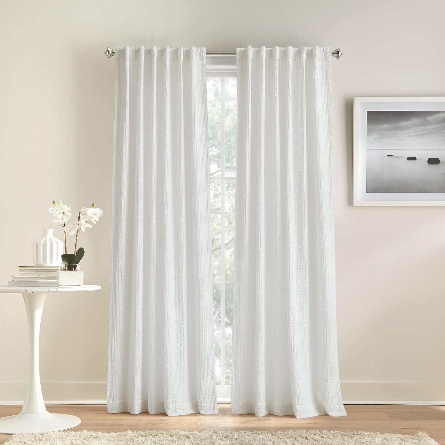 DKNY Pure Donna waffle stripe textured Curtains – White – set of 2 – 50” x 108”