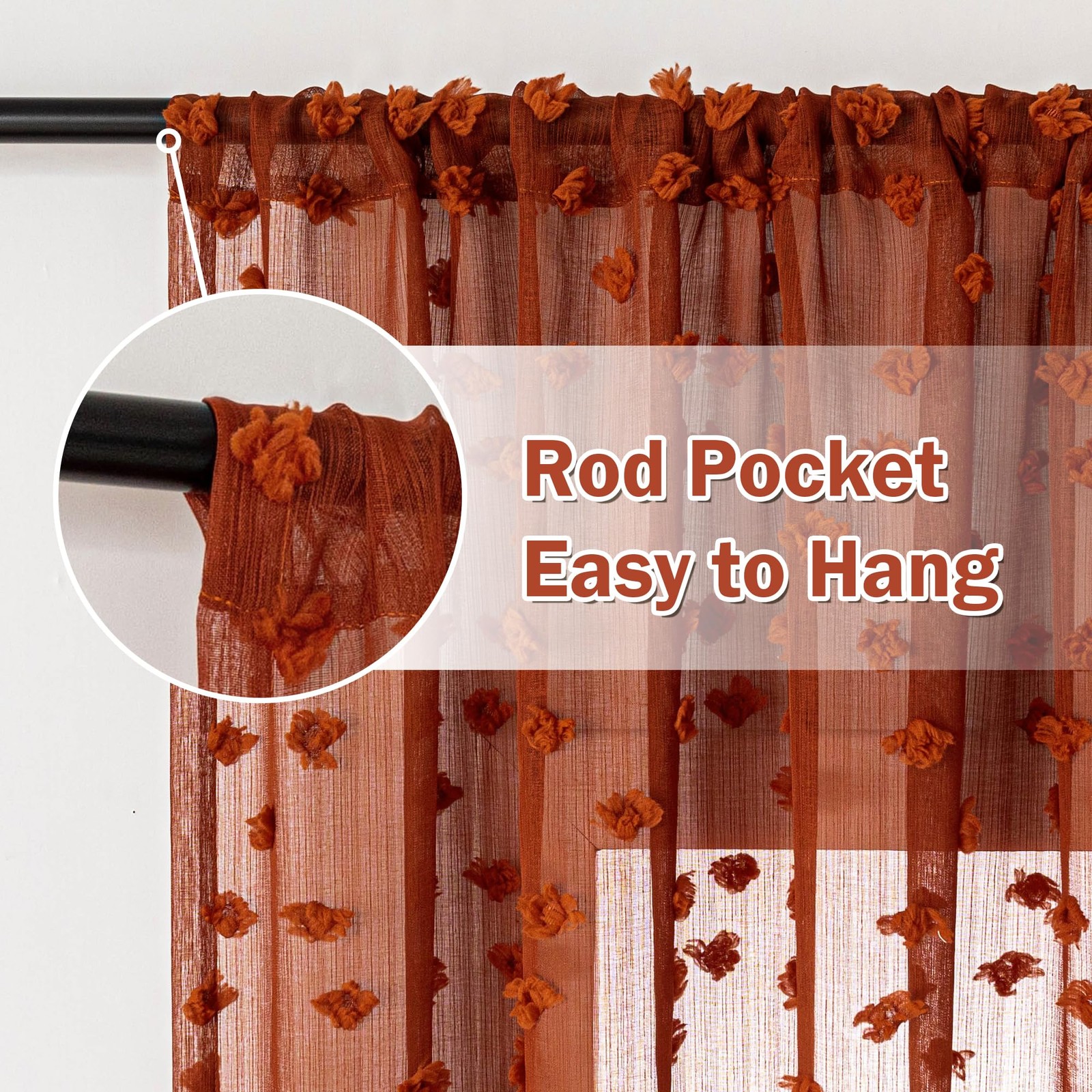 Terracotta Boho Sheer Curtains — with Pom Poms 84 Inches Long Burnt Orange Ru…