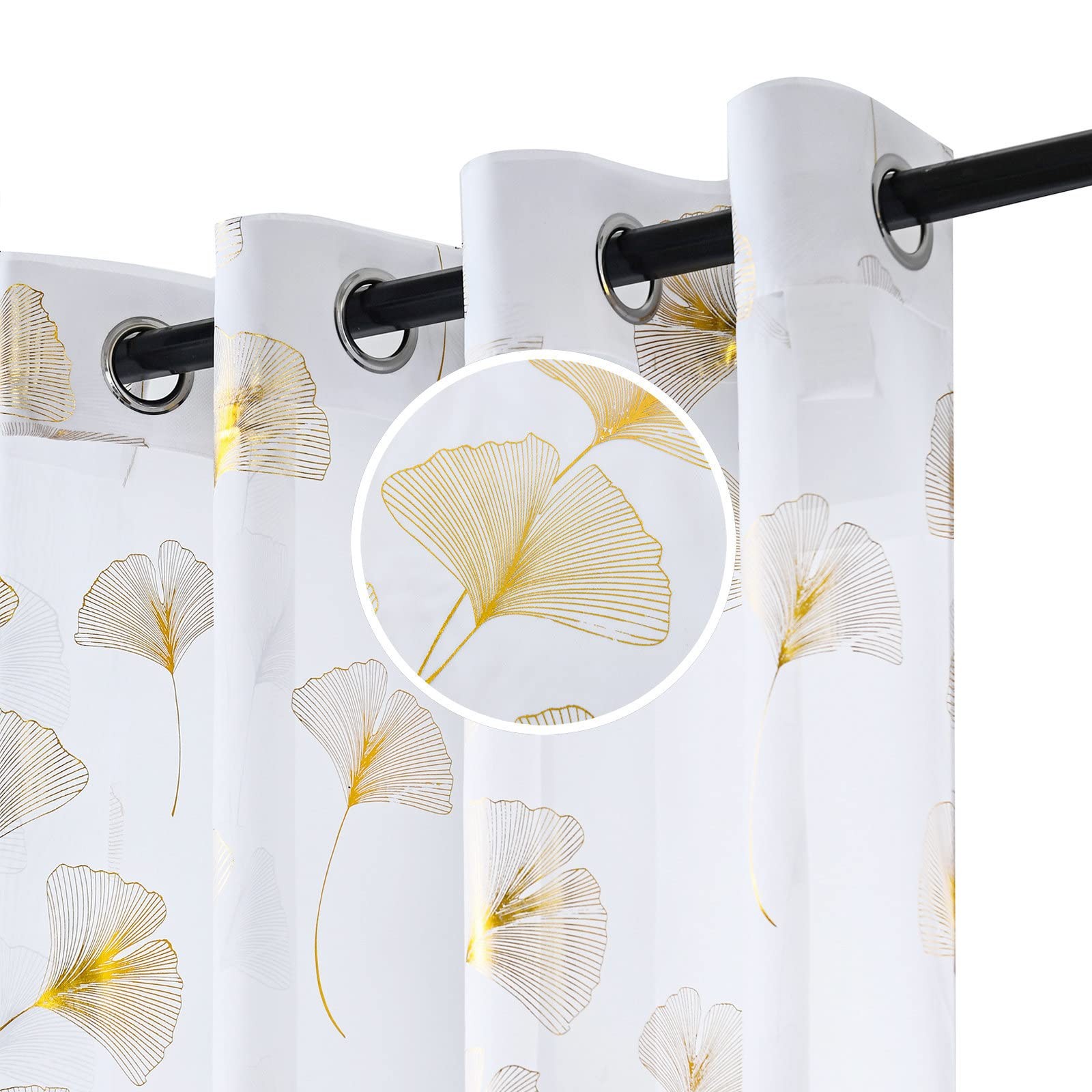 Gold Foil Print Voile Sheer Curtains, Leaves Grommet Top Window Drapes 84 Inc…