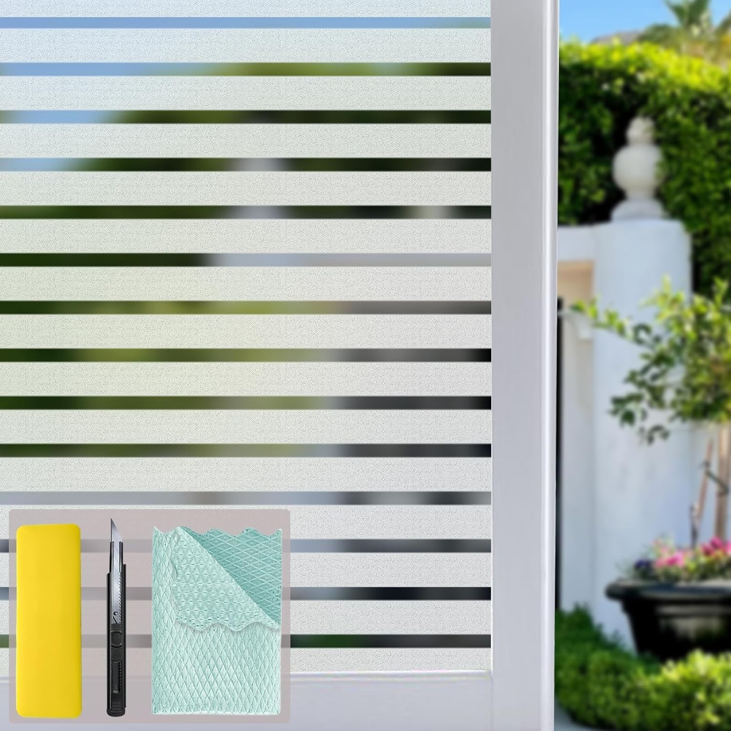 Bloss Window Film Striped Window Decal Non-Adhesive Privacy Film, Vinyl Glass…