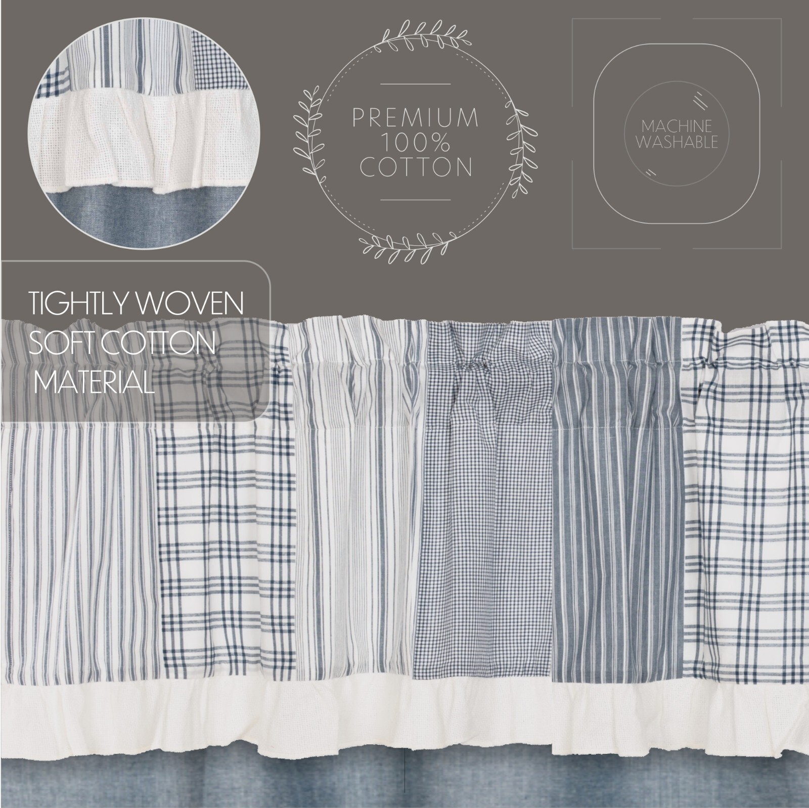 Sawyer Mill Blue Chambray Panel Set w/ Attached Patchwork Valance 84″ Long Last1