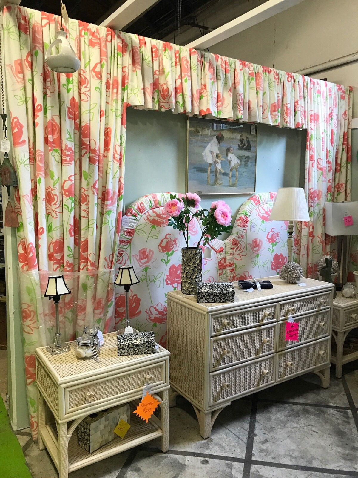 CUSTOM WATERFALL VALANCE & SIDE PANEL CURTAINS 10’WX8’H-“DOROTHY DRAPER”
