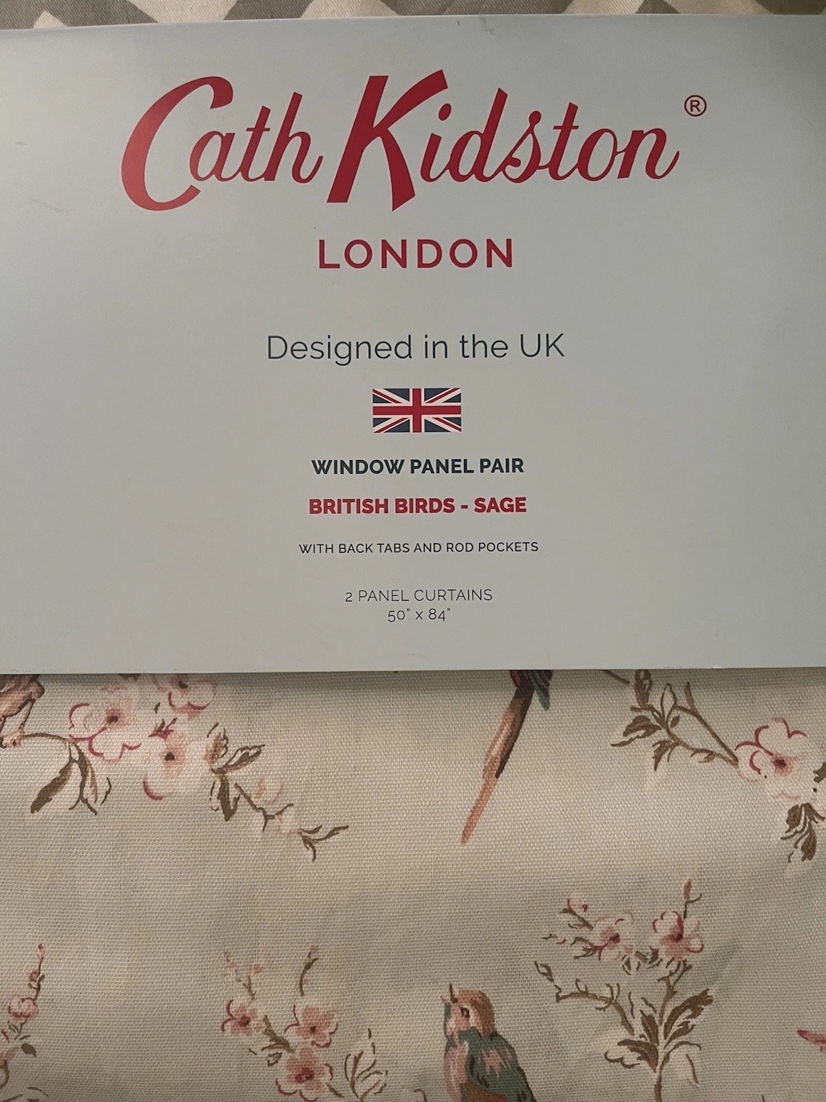 NEW CATH KIDSTON British BIRDS Garden Floral Sage 100%Cotton Curtains 50×84 Pair