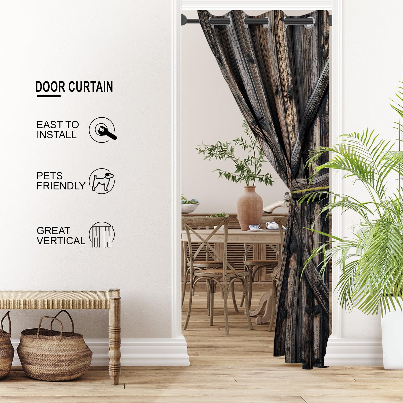 Wooden Barn Doors Door Curtains for Doorways, Rustic Farmhouse Art Wood Blackout