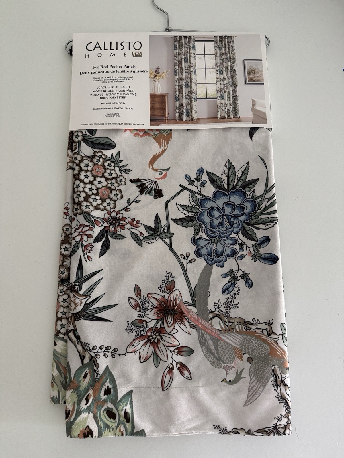 CALLISTO Window Curtains 2 Panels 38” X 96″ Peacock Birds Drapers Back Top Ivory