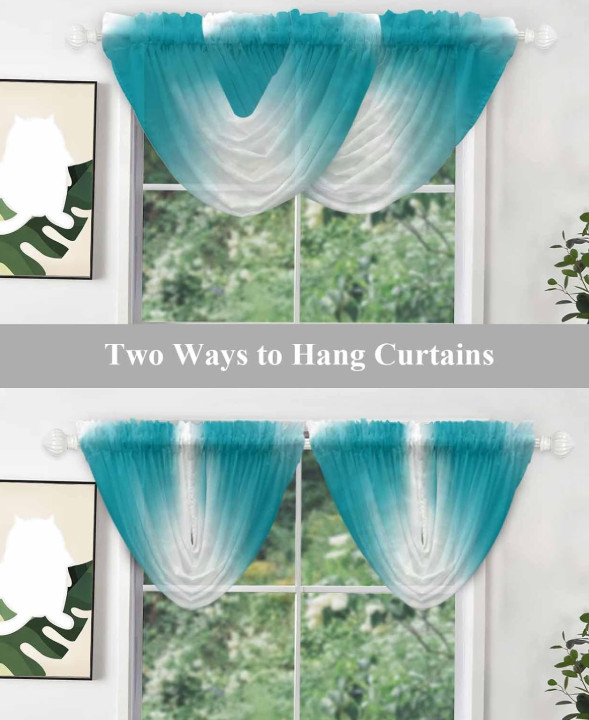 Turquoise Waterfall Sheer Valance Curtains Ombre Window Drapery 3Panels 98×120cm