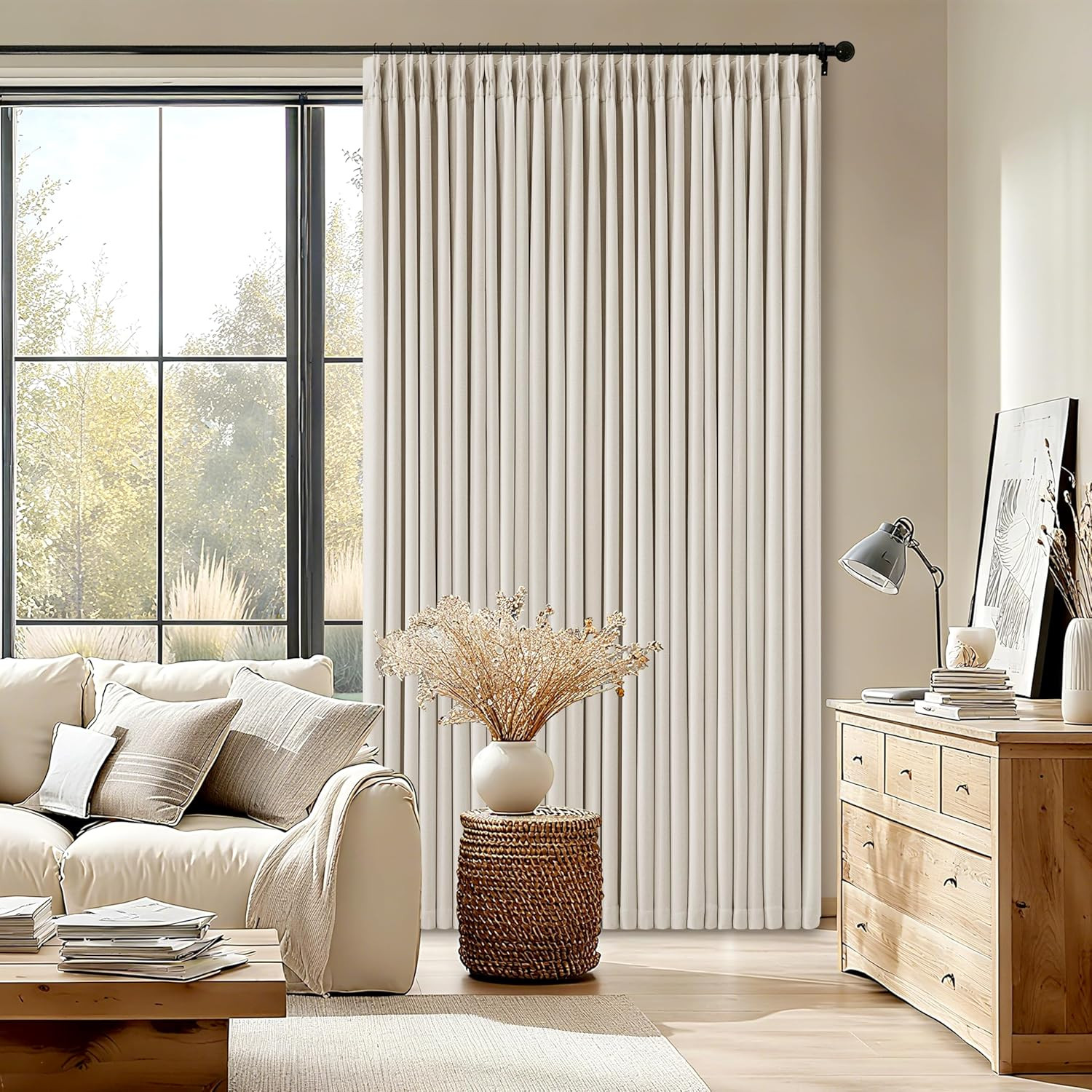 Extra Wide Pleated Linen Blackout Curtains 84 Inches Long for Bedroom Sliding Gl