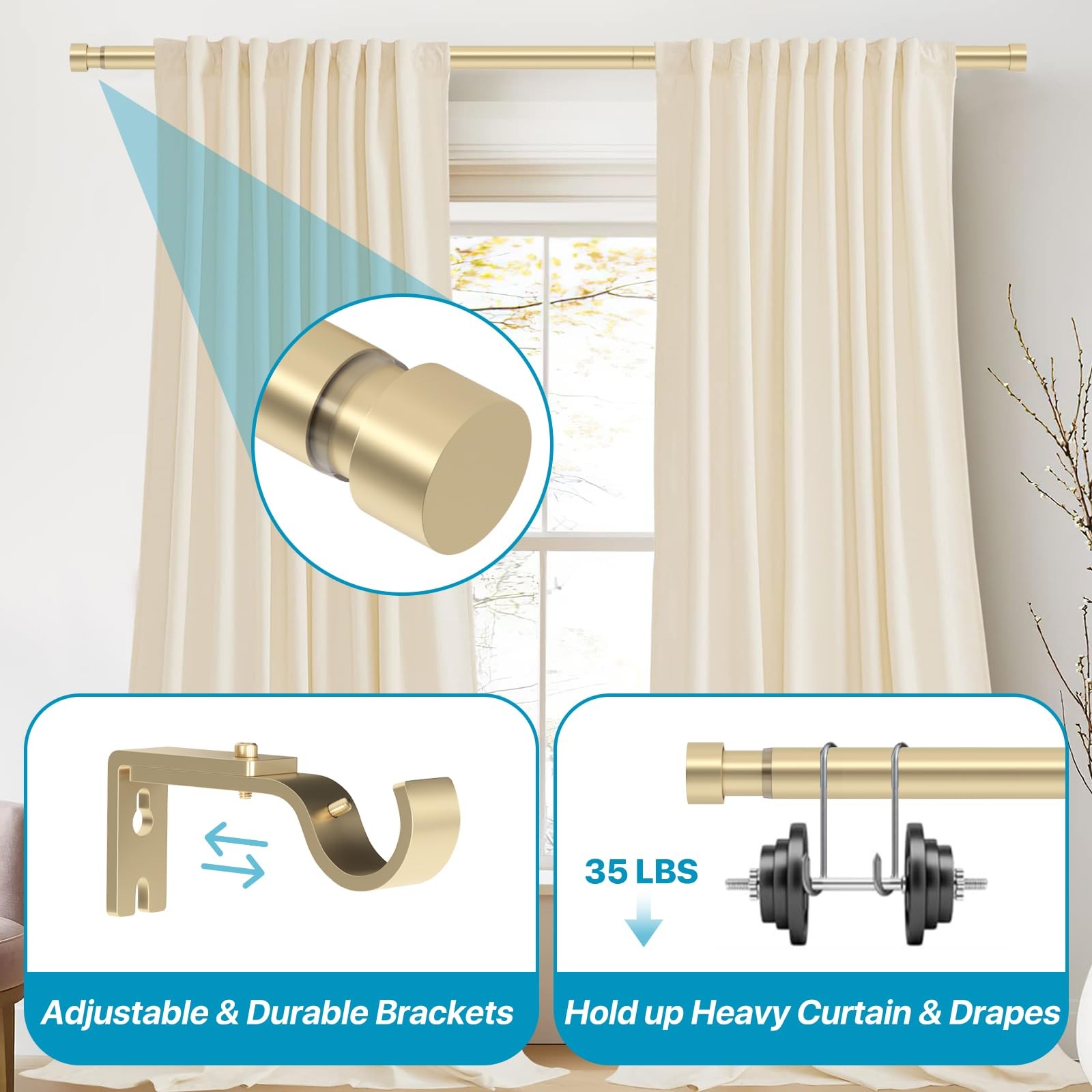Gold Extra Long Curtain Rods 120-inch to 170-inch, 1 inch Heavy Duty Drapery …