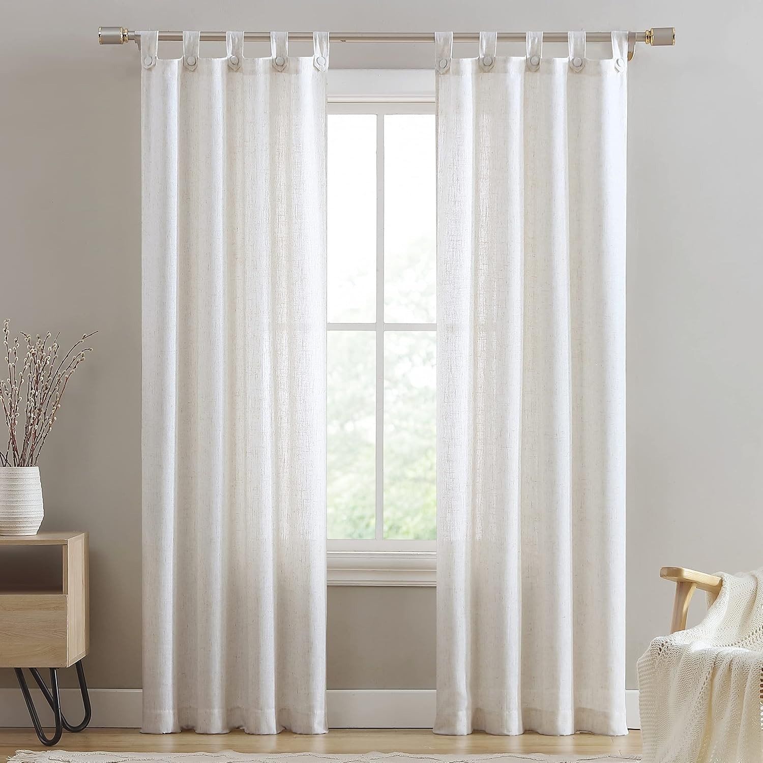 Monroe Natural Button Tab Top Poly Linen 32″ W x 80″ L, 4 Panel Curtains New