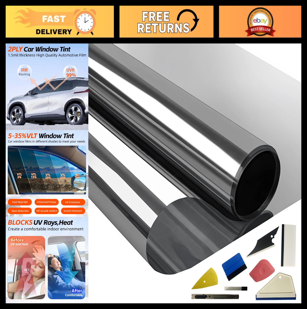 Premium 2PLY Carbon Window Tint Film 20″ x 100FT + 8 Tools Kit, UV & Heat Block,