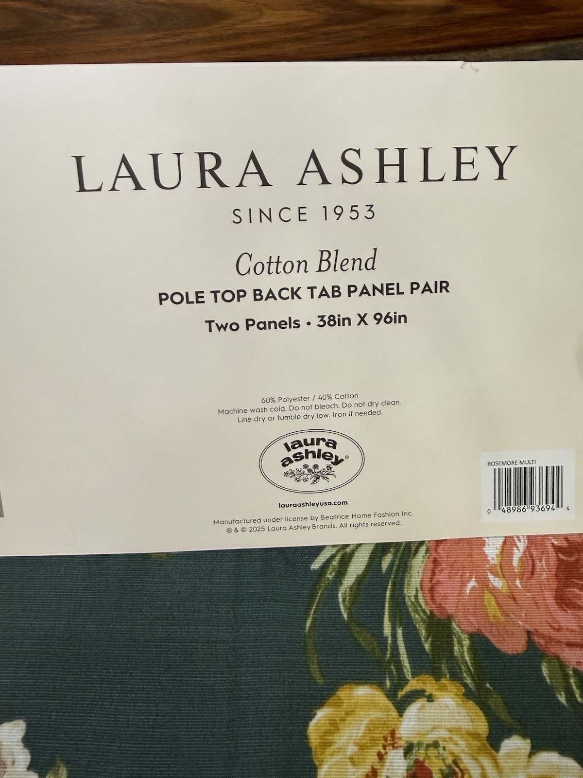 Laura Ashley Rosemore Floral Green Pair Pole Top Back Tab Curtains Panels 38×96