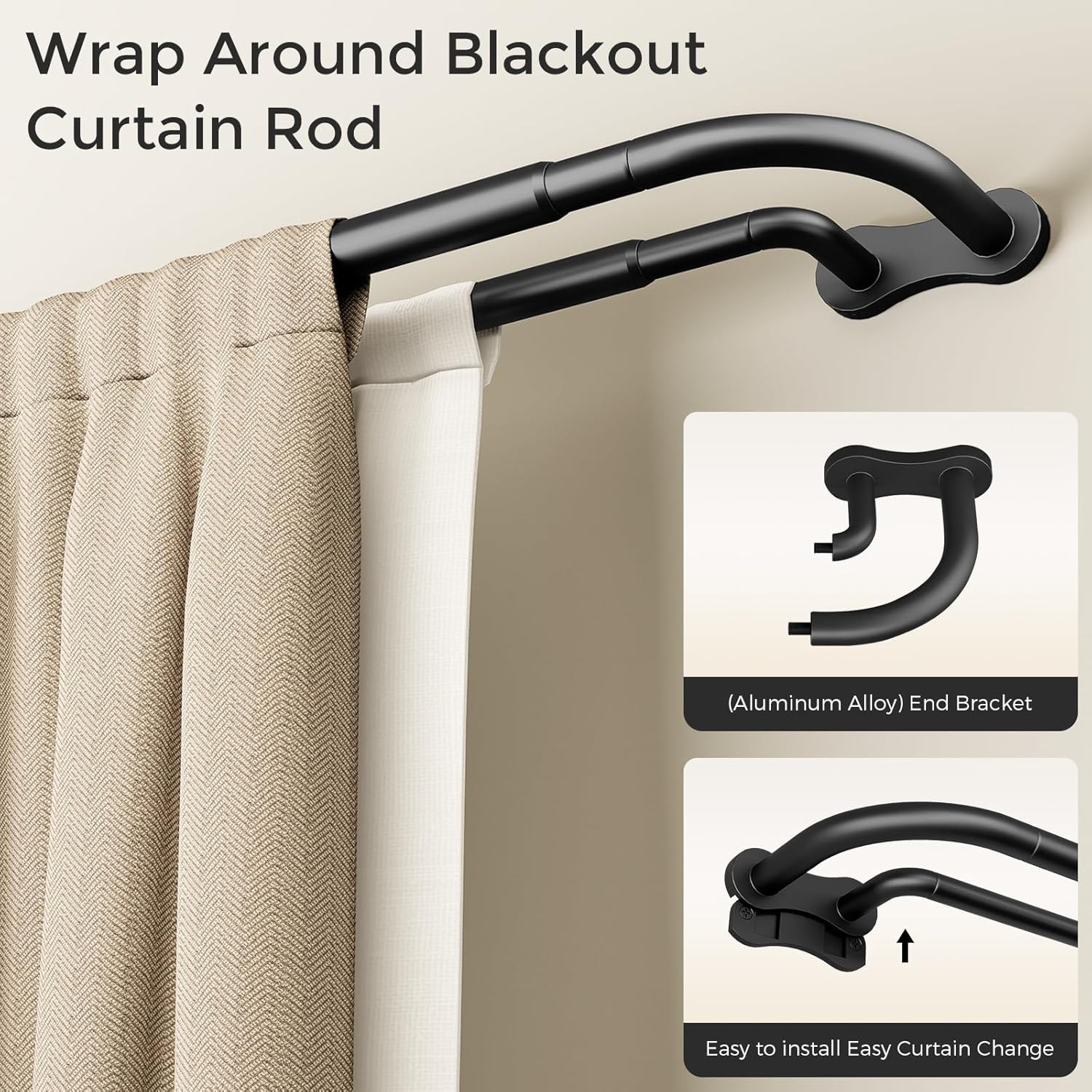 Double Curtain Rod, Black Wrap around Blackout Dual Curtain Rods for Windows 48