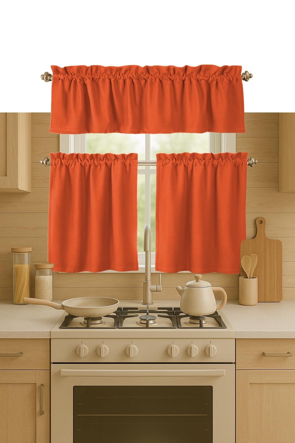 3 Piece Kitchen Curtain Set Cotton Tier and Valance Orange