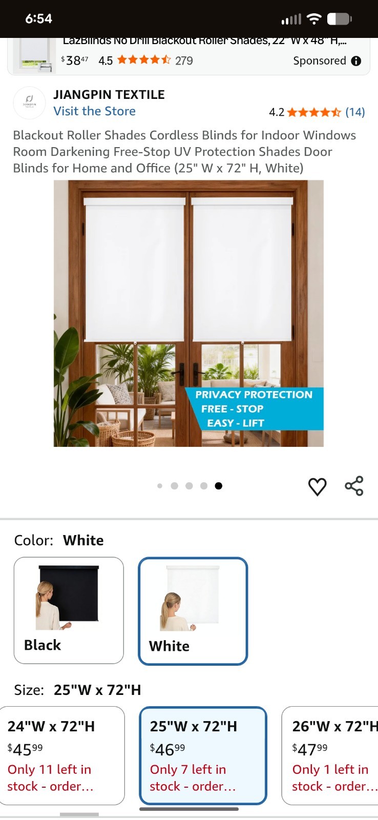JIANGPIN TEXTILE Cordless Blackout Roller Shade White 25″W x 72″H MPN