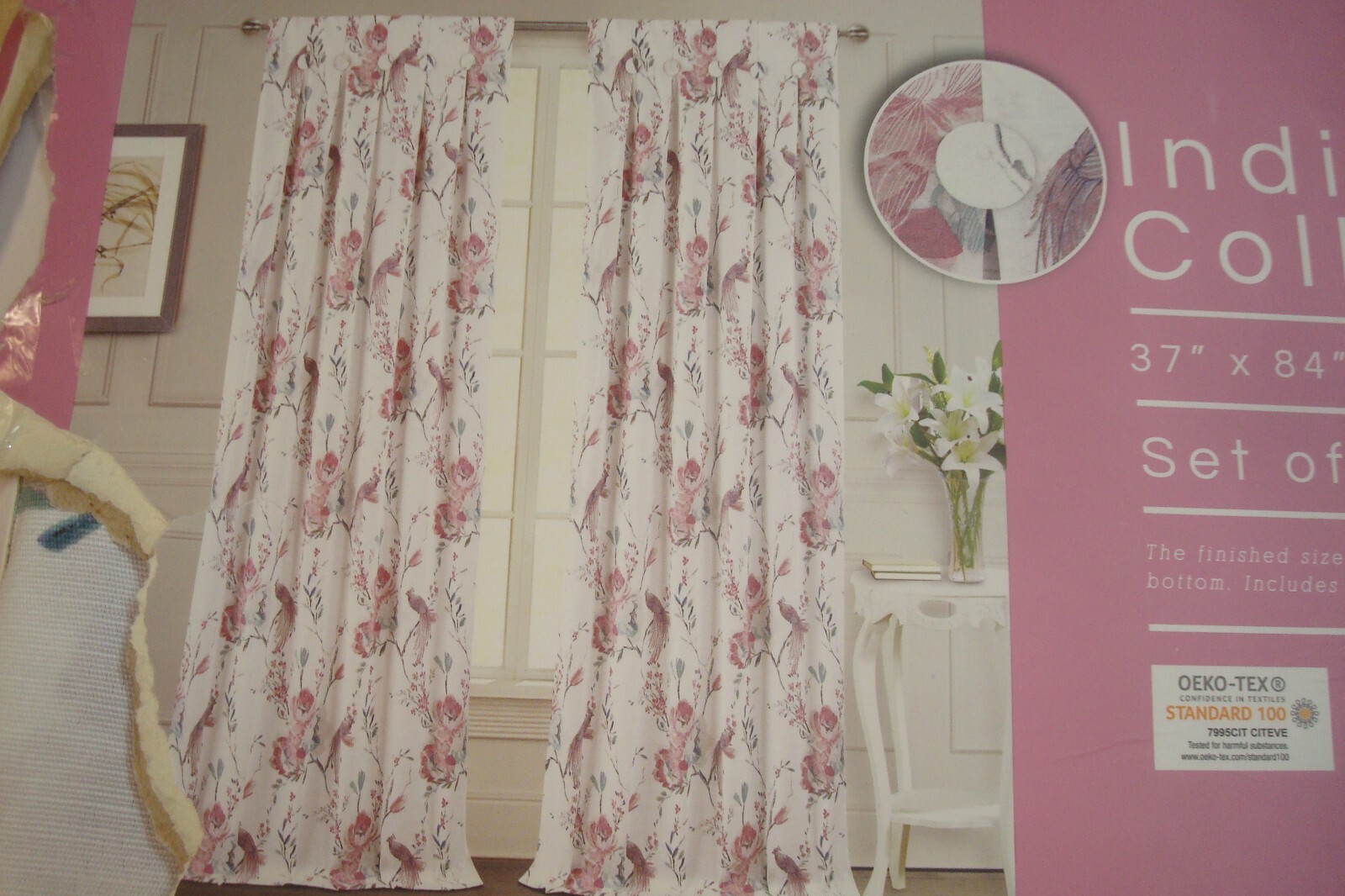 NWT Indigo Window Panels Drapes Peacock BIRDS 2 pc Pleated w/ Buttons 84″ lg