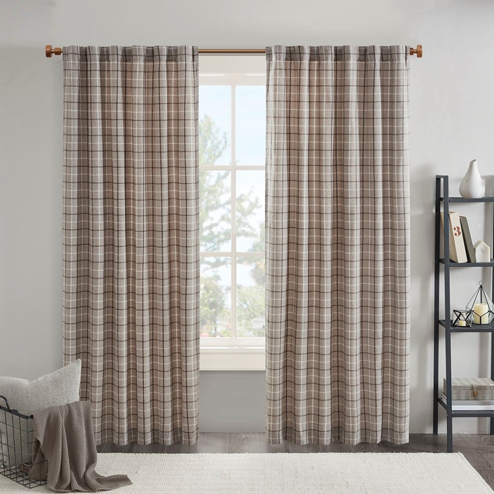 Plaid Rod Pocket and Back Tab Curtain Panel with Fleece Lining Natural 50×95″