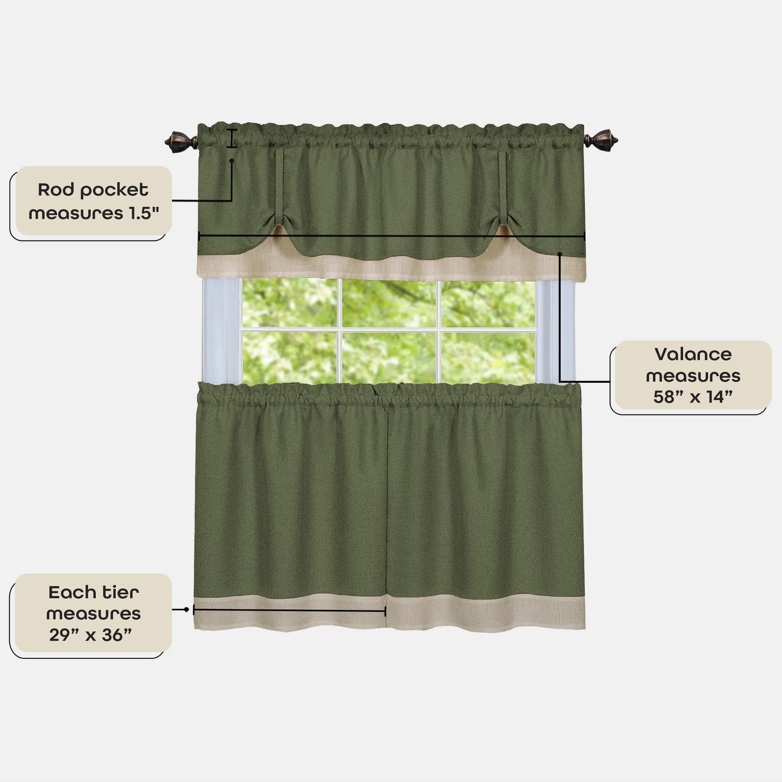 Darcy (Green/Camel) Tier and Valance Window Curtain Set – 58 Inch Width, 36 I…