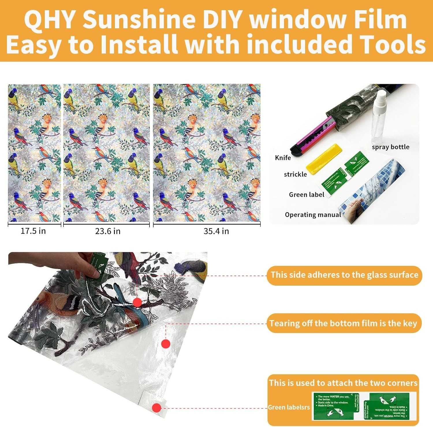 Decorative Reusable Window Privacy Film Colorful Birds on The Branch 45.2×78.7