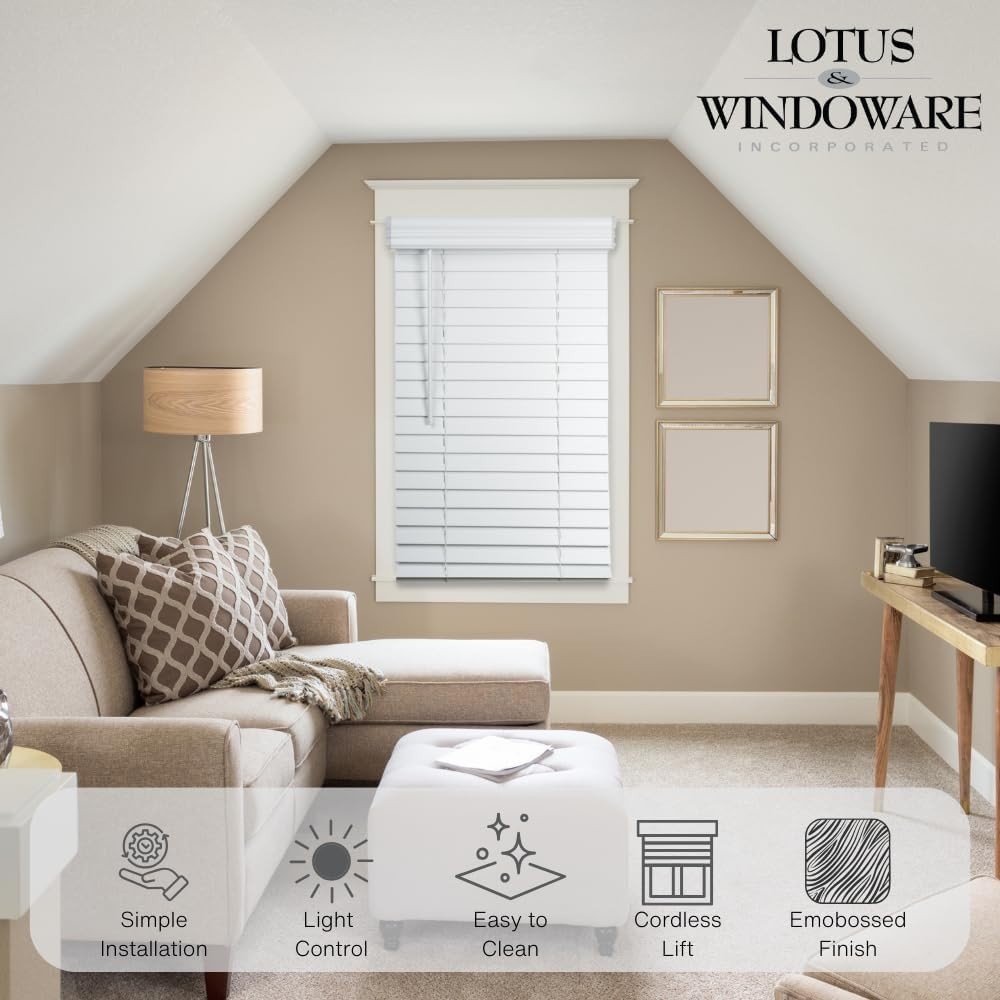 Lotus & Windoware Cordless, 2 Inch Faux Wood Blind, 42″ Wide x 72″ Long White