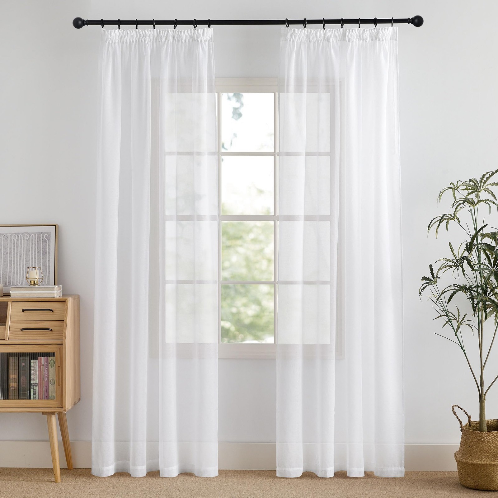 Living Room Curtain 210 cm Long Stores Curtains White Curtains Linen Look Shi…