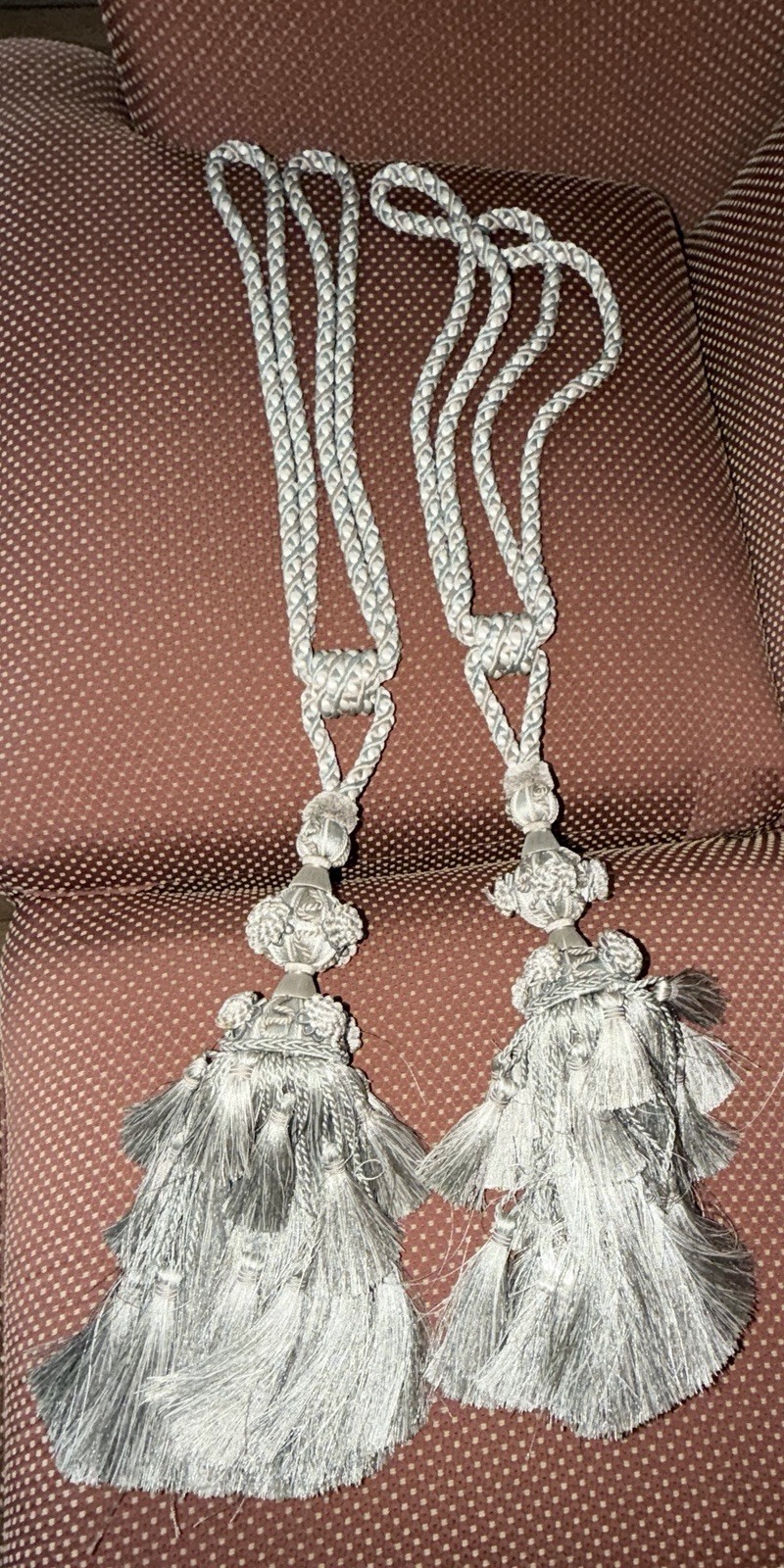Two Double Tassel Complex Vintage Look Drape Tiebacks. Sage, Cream, Taupe