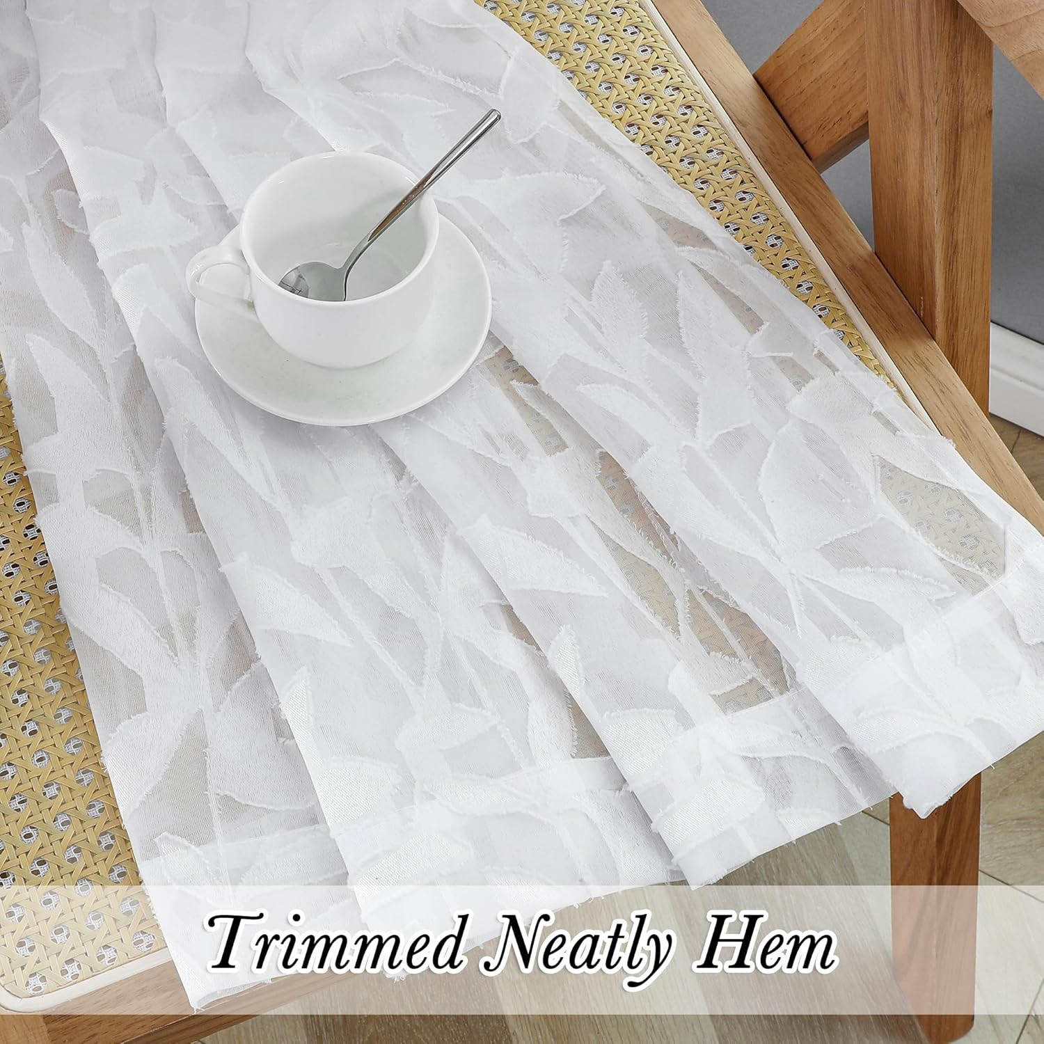 2 PCS White Sheer Valance Curtains 14 Inch Jacquard Leaf Light Filtering Window
