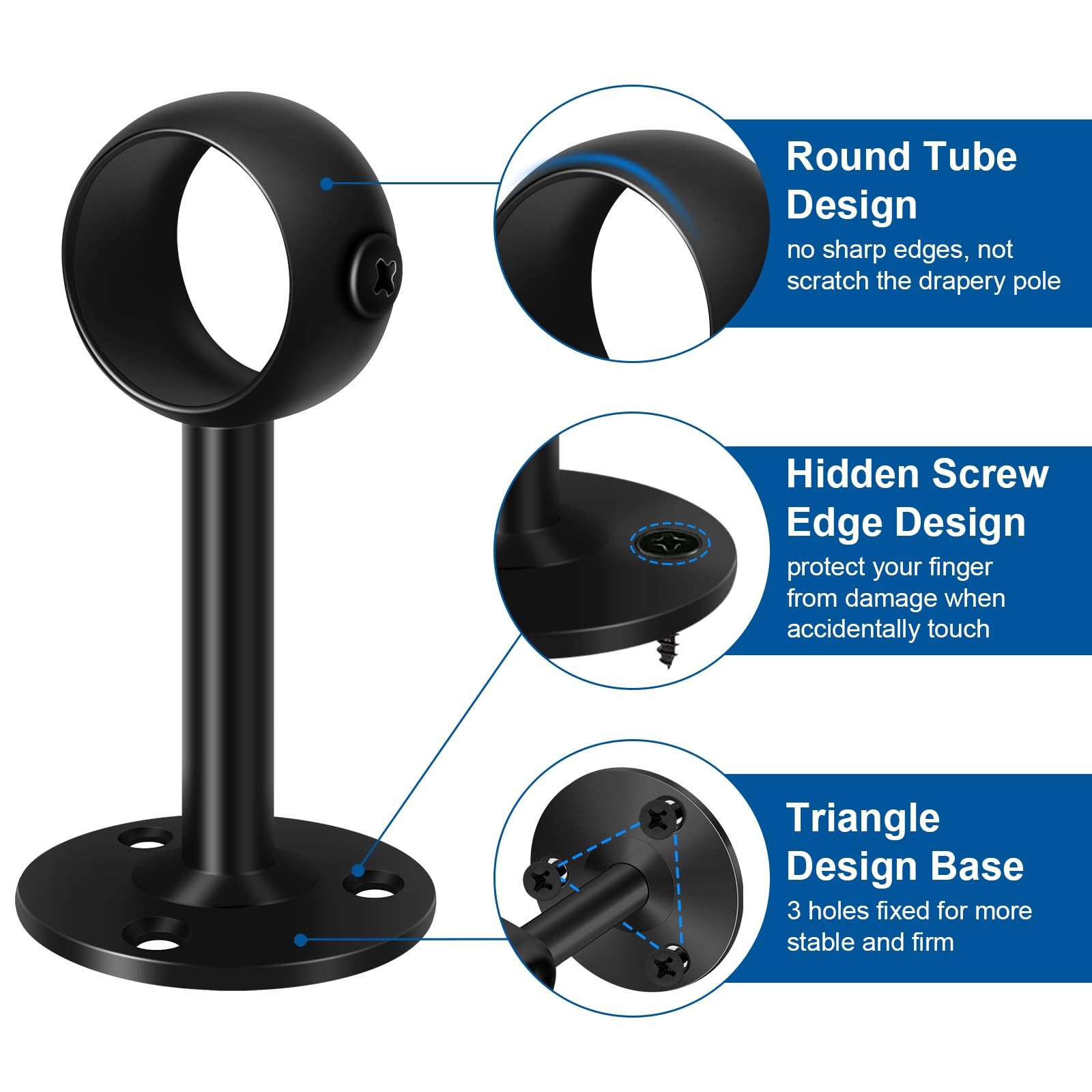 1-1/4 inch Ceiling Curtain Rod Brackets 4 Pack Heavy Duty Holders Black