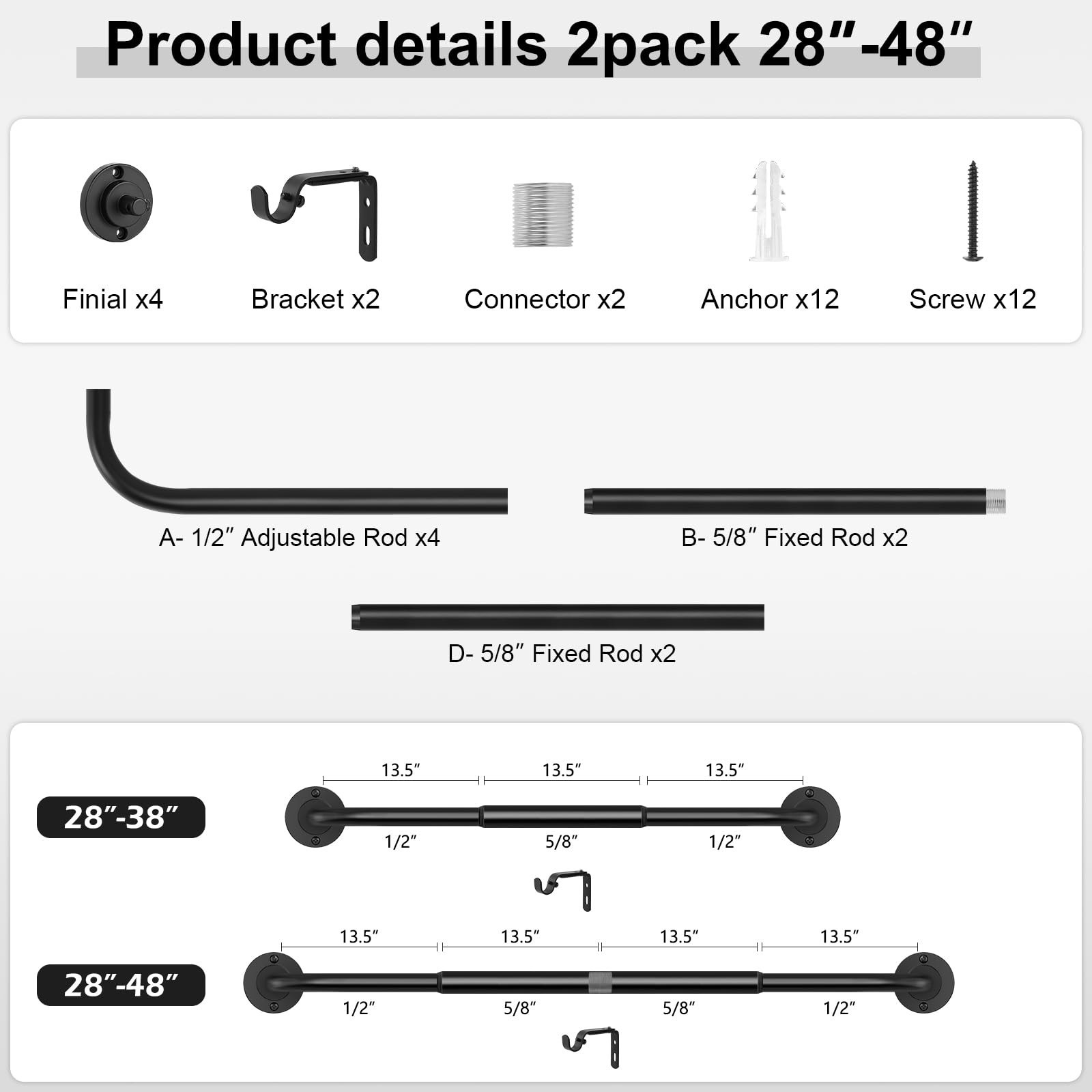 2 Pack Curtain Rods for Windows 28 to 48 inch, 5/8 Inch Black Curtain Rod, Ad…
