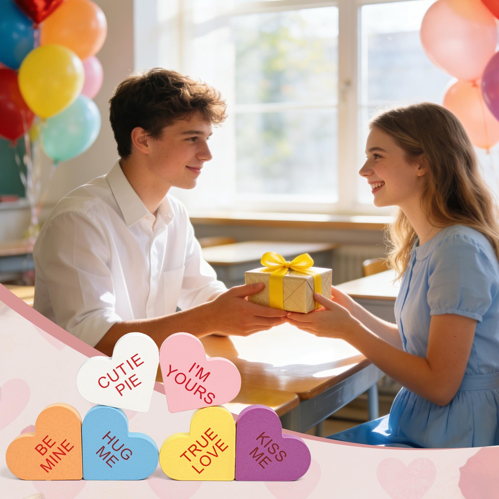 6 Pcs Wooden Conversation Hearts Decor Valentine Mantel Shelf Sign