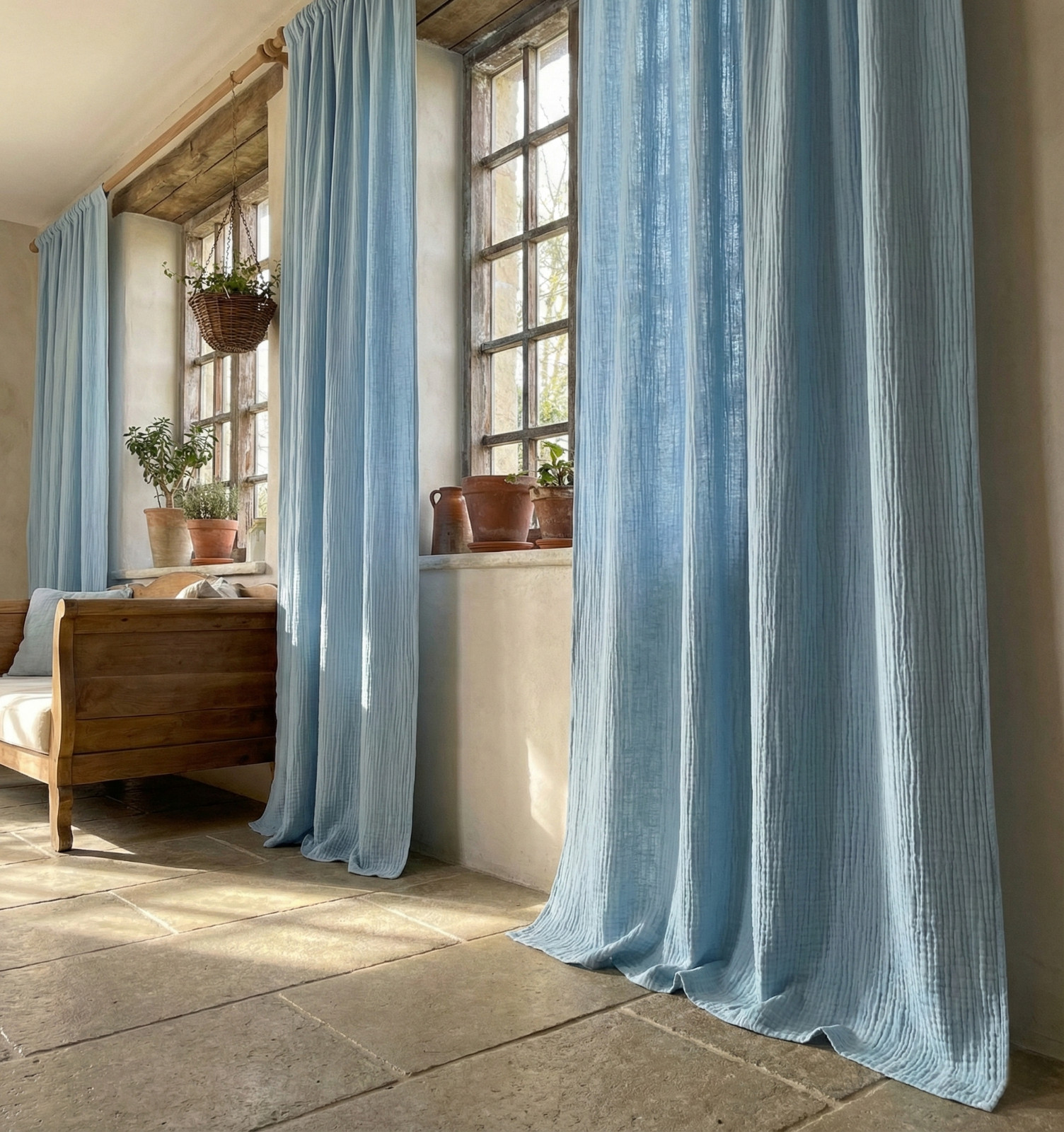 Powder Blue Crinkled Muslin Window Curtain – One Panel, Home Living Room Drapes