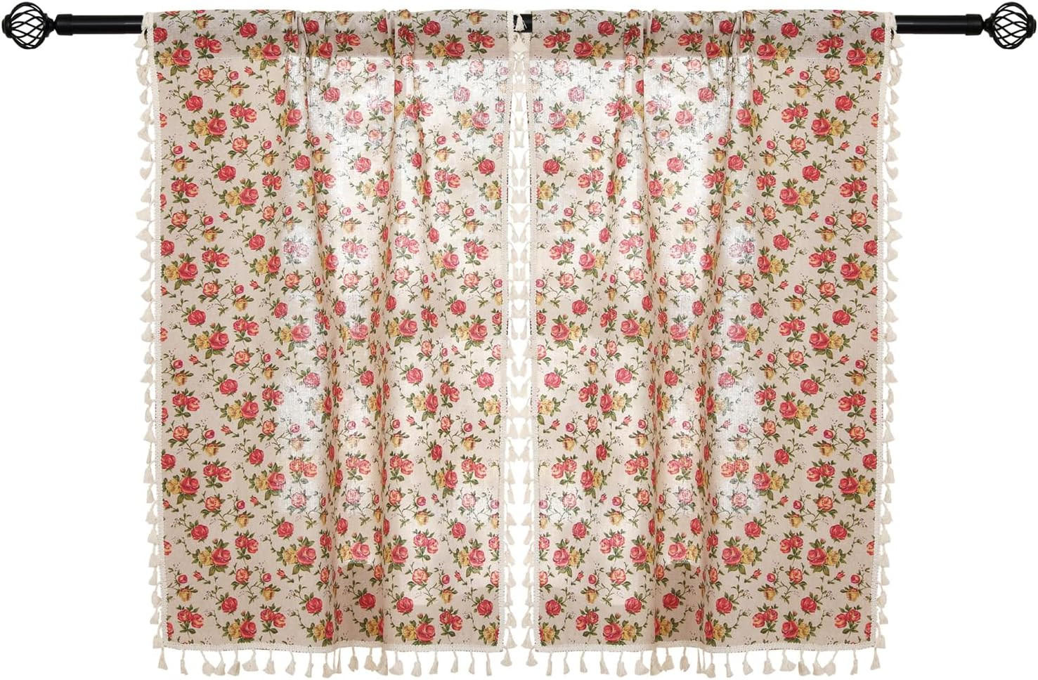 2 Panels Linen Tassels Curtains Farmhouse Red Rose Flower Vintage Semi Sheer Win