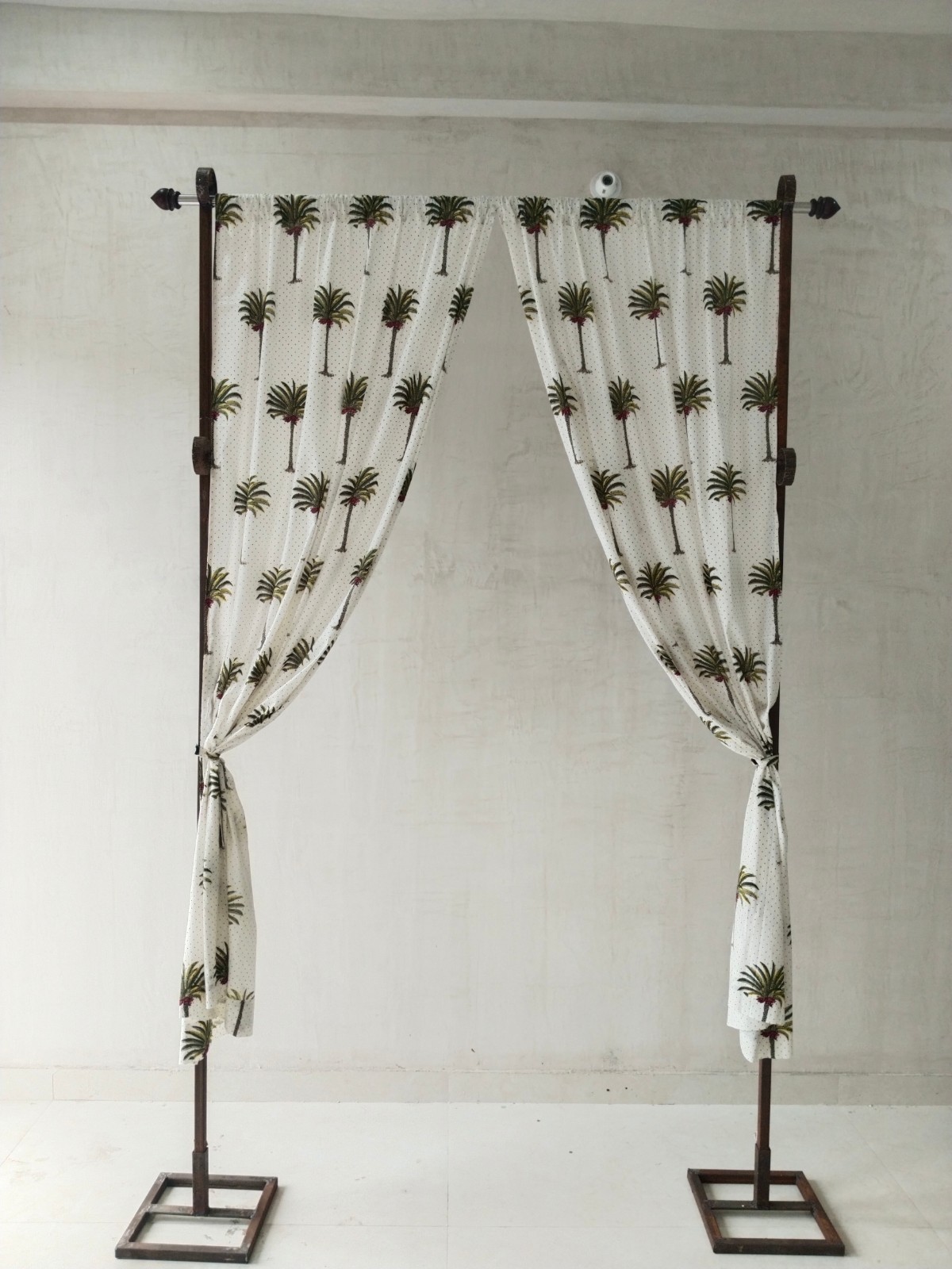 Palm Tree Print Cotton Curtains | Semi-Sheer Set of 2 Panels | Tropical Window