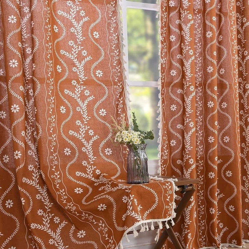 Boho Floral Curtains Semi Sheer Linen Blend Drapes Living Room Bedroom Decor New